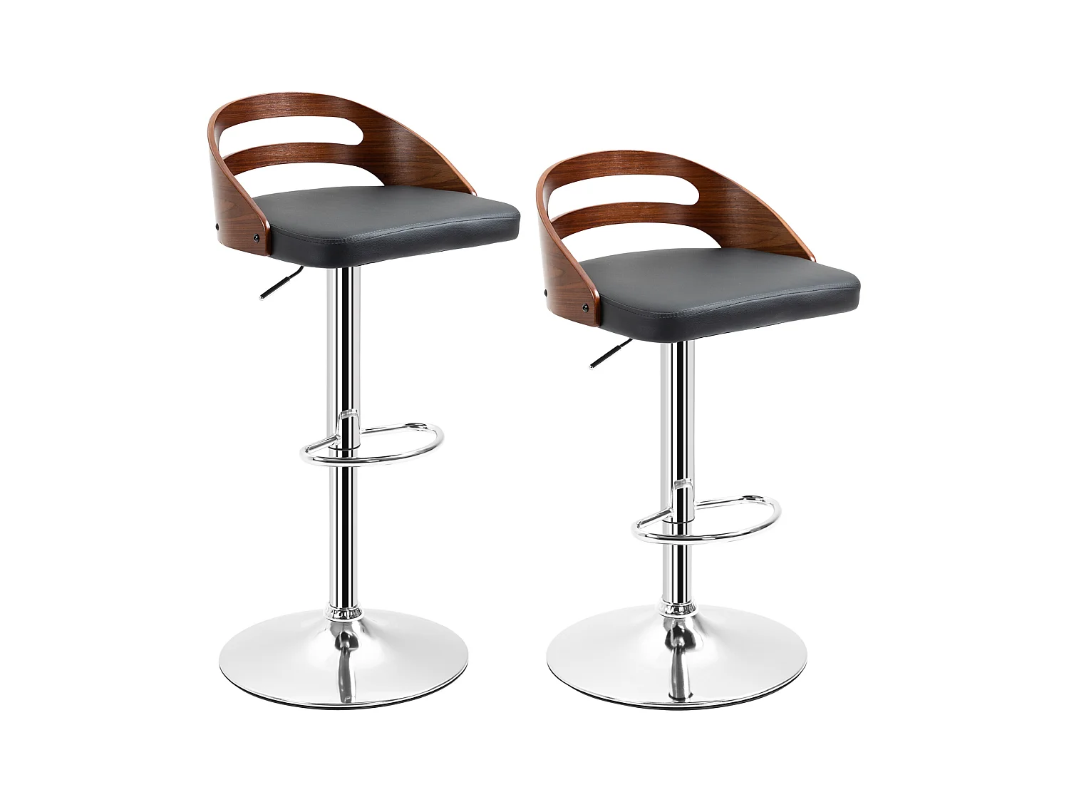 Lot de 2 tabourets de bar design contemporain hauteur d'assise réglable pivotant 360° revêtement synthétique noir dossier ajouré aspect bois