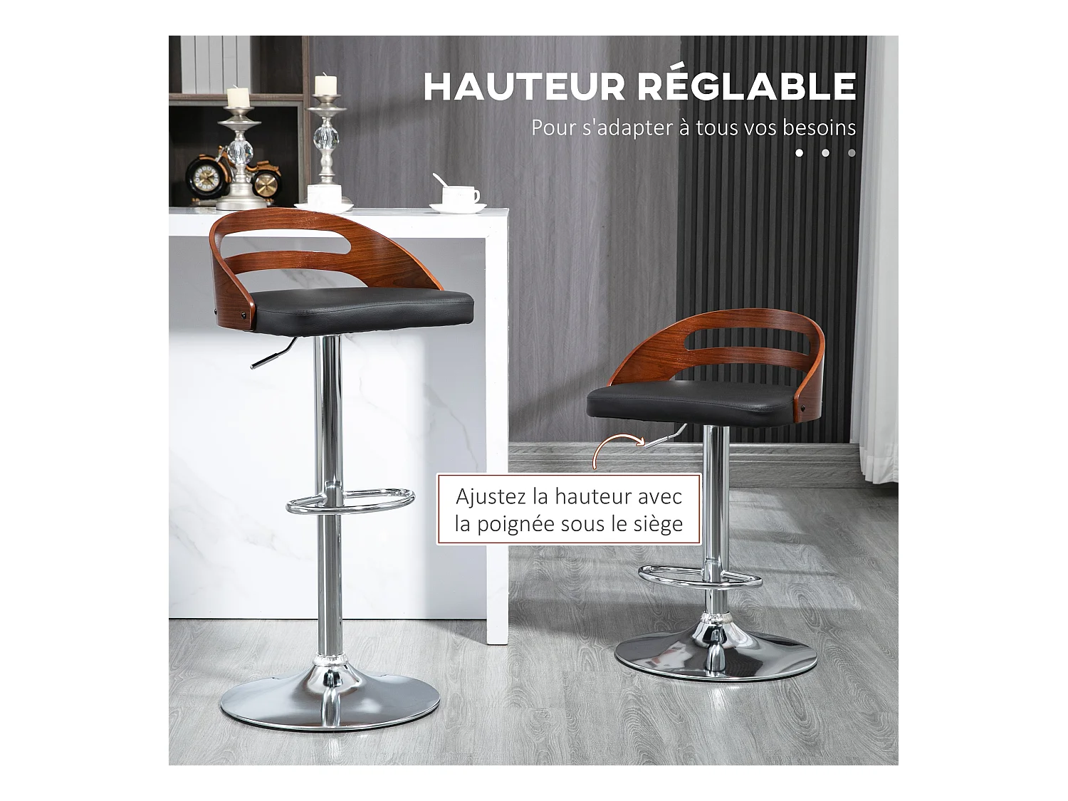 Lot de 2 tabourets de bar design contemporain hauteur d'assise réglable pivotant 360° revêtement synthétique noir dossier ajouré aspect bois
