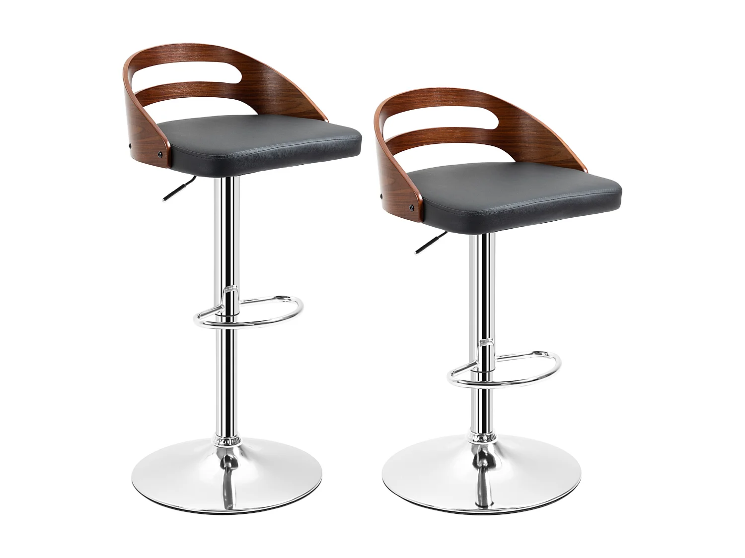 Lot de 2 tabourets de bar design contemporain hauteur d'assise réglable pivotant 360° revêtement synthétique noir dossier ajouré aspect bois