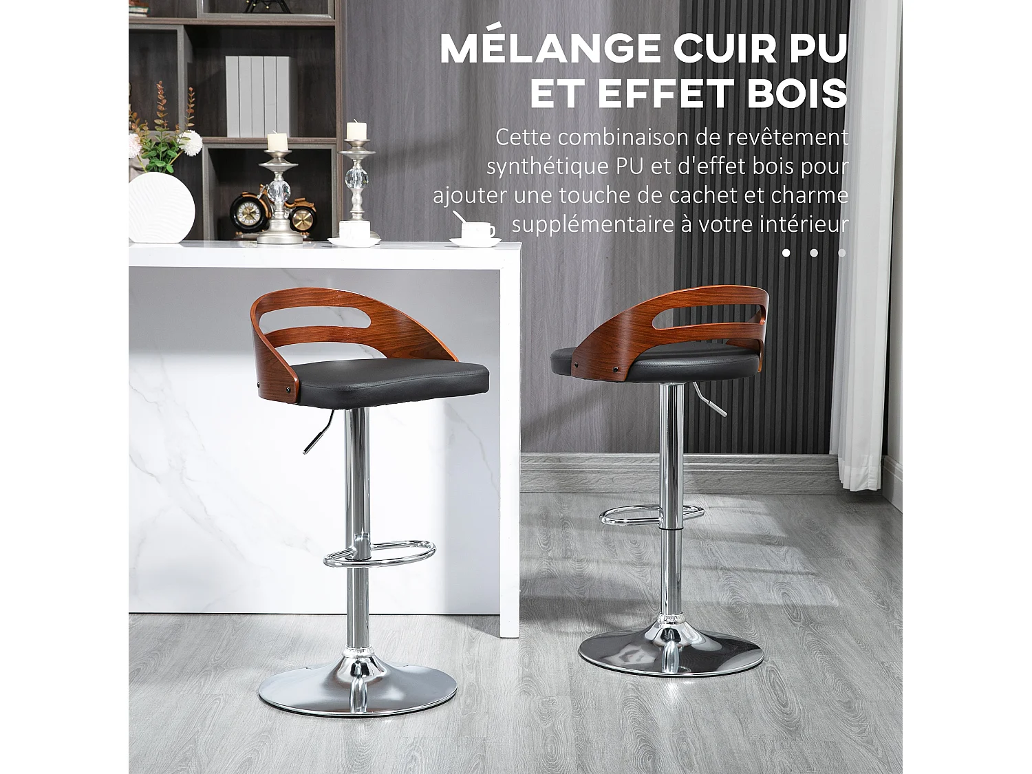 Lot de 2 tabourets de bar design contemporain hauteur d'assise réglable pivotant 360° revêtement synthétique noir dossier ajouré aspect bois