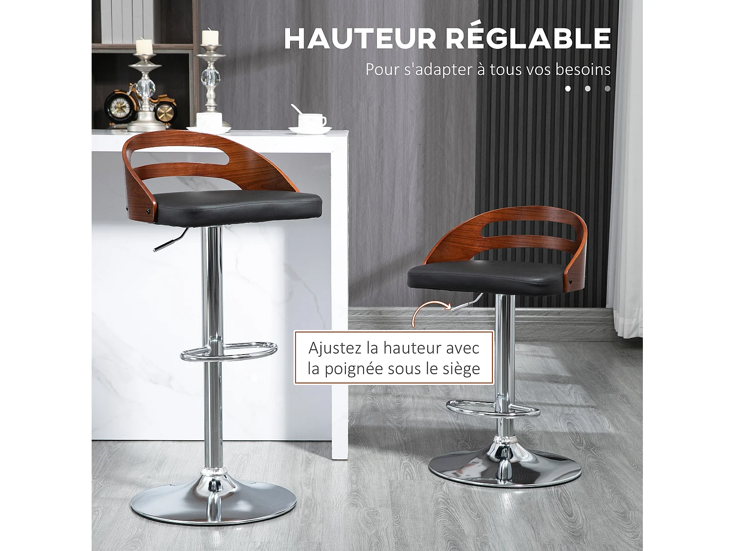 Lot de 2 tabourets de bar design contemporain hauteur d'assise réglable pivotant 360° revêtement synthétique noir dossier ajouré aspect bois
