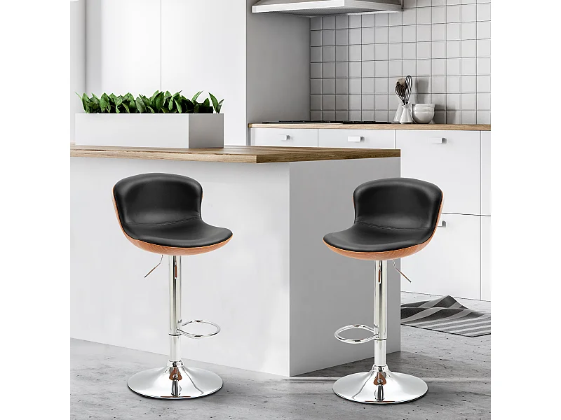 Lot de 2 tabourets de bar design contemporain hauteur d'assise réglable 64-85 cm pivotant 360° revêtement synthétique noir imitation bois