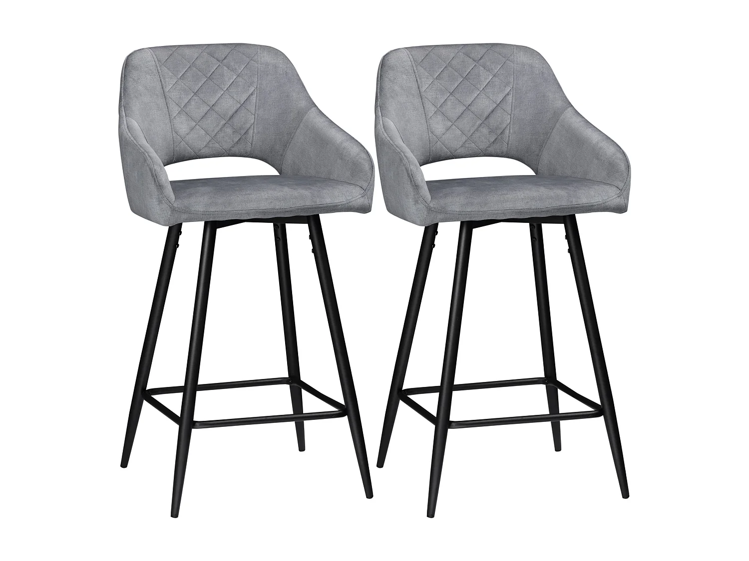 Lot de 2 tabourets de bar design Chesterfield dossier ajouré effet capitonné piètement acier effilé noir velours gris