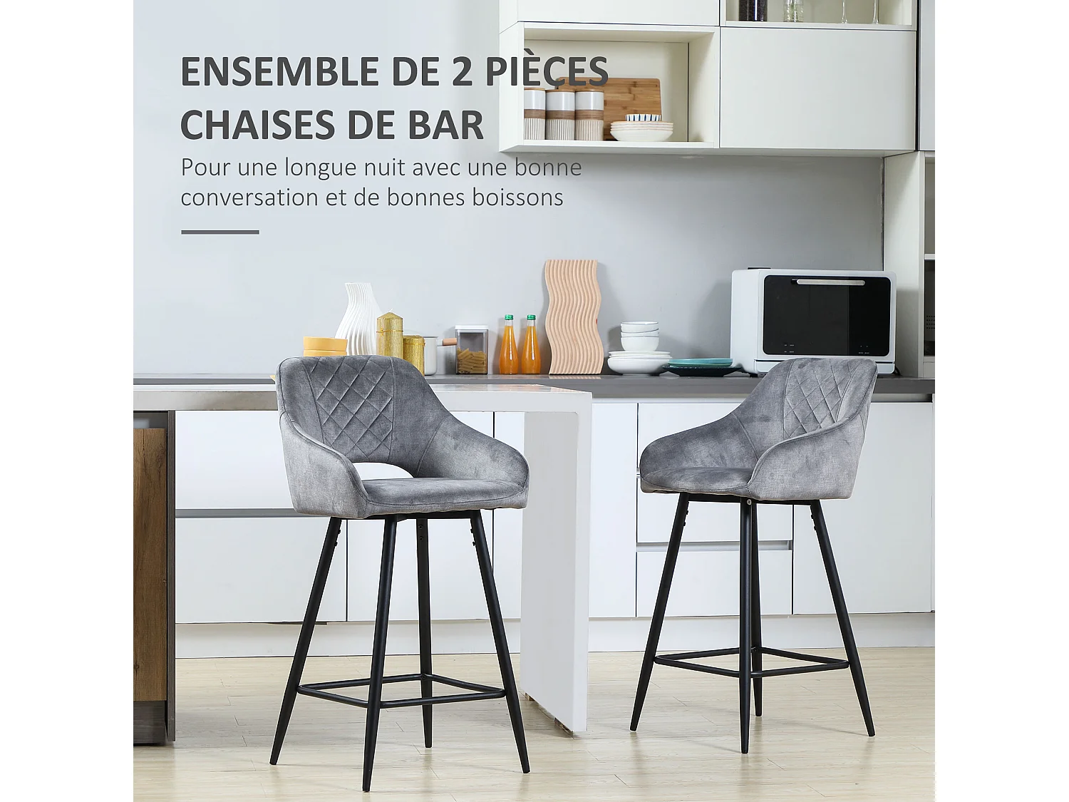 Lot de 2 tabourets de bar design Chesterfield dossier ajouré effet capitonné piètement acier effilé noir velours gris