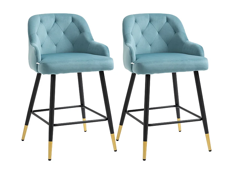 Lot de 2 tabourets de bar design Chesterfield effet capitonné piètement métal effilé noir extrémités dorées repose-pied aspect velours bleu