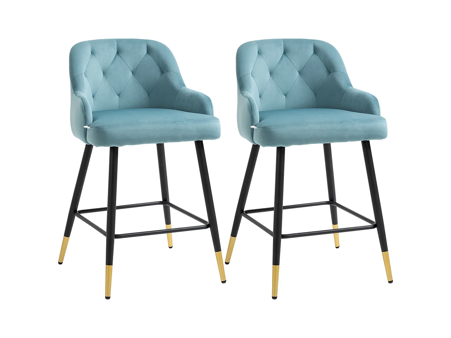 Lot de 2 tabourets de bar design Chesterfield effet capitonné piètement métal effilé noir extrémités dorées repose-pied aspect velours bleu