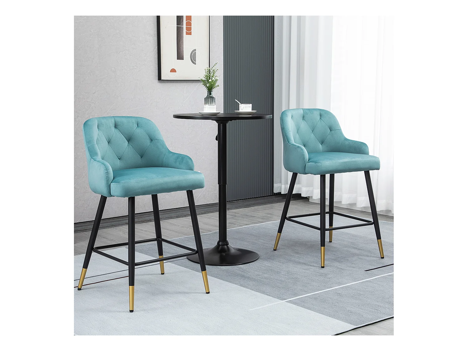 Lot de 2 tabourets de bar design Chesterfield effet capitonné piètement métal effilé noir extrémités dorées repose-pied aspect velours bleu