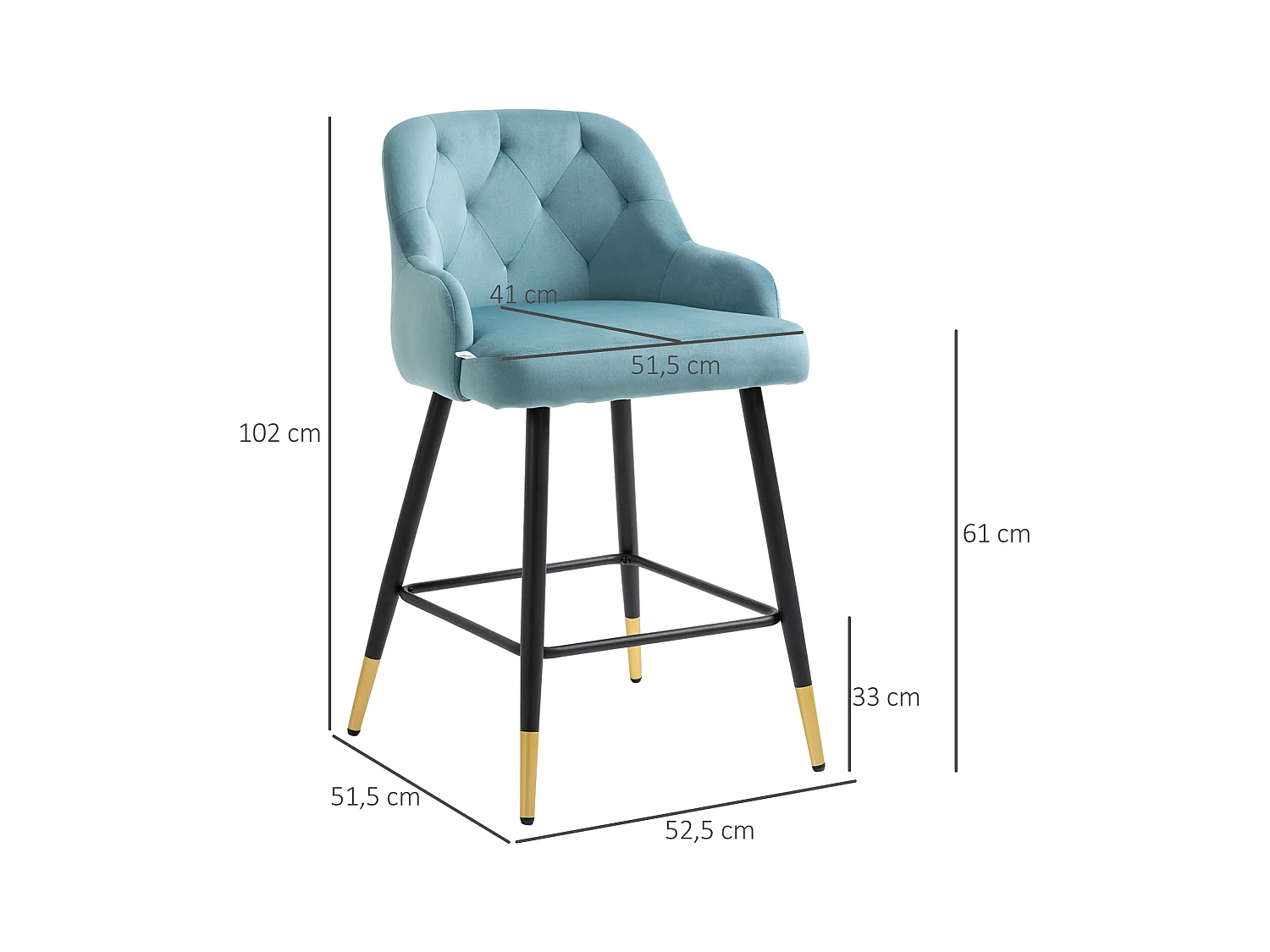 Lot de 2 tabourets de bar design Chesterfield effet capitonné piètement métal effilé noir extrémités dorées repose-pied aspect velours bleu