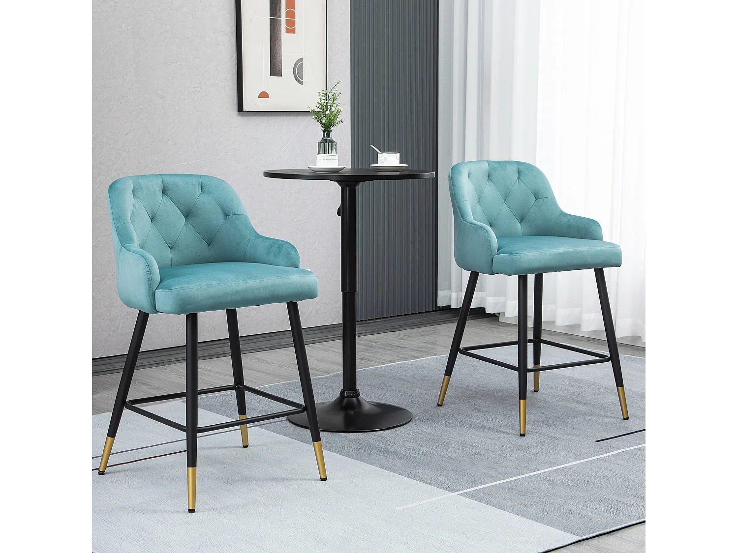Lot de 2 tabourets de bar design Chesterfield effet capitonné piètement métal effilé noir extrémités dorées repose-pied aspect velours bleu