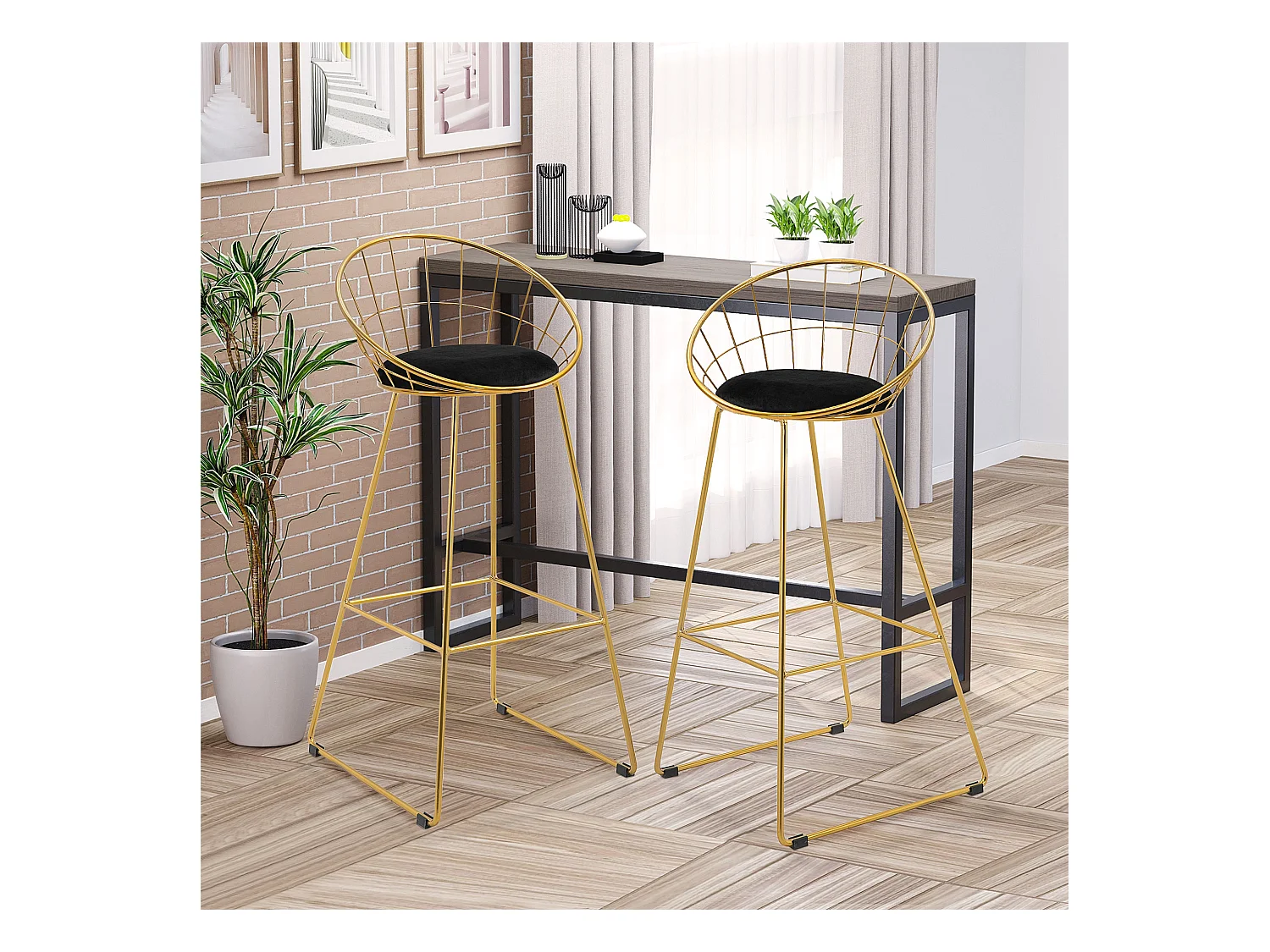 Lot de 2 tabourets de bar design avec repose-pied structure métal et coussin velours 52,5 x 47 x 97 cm noir et doré