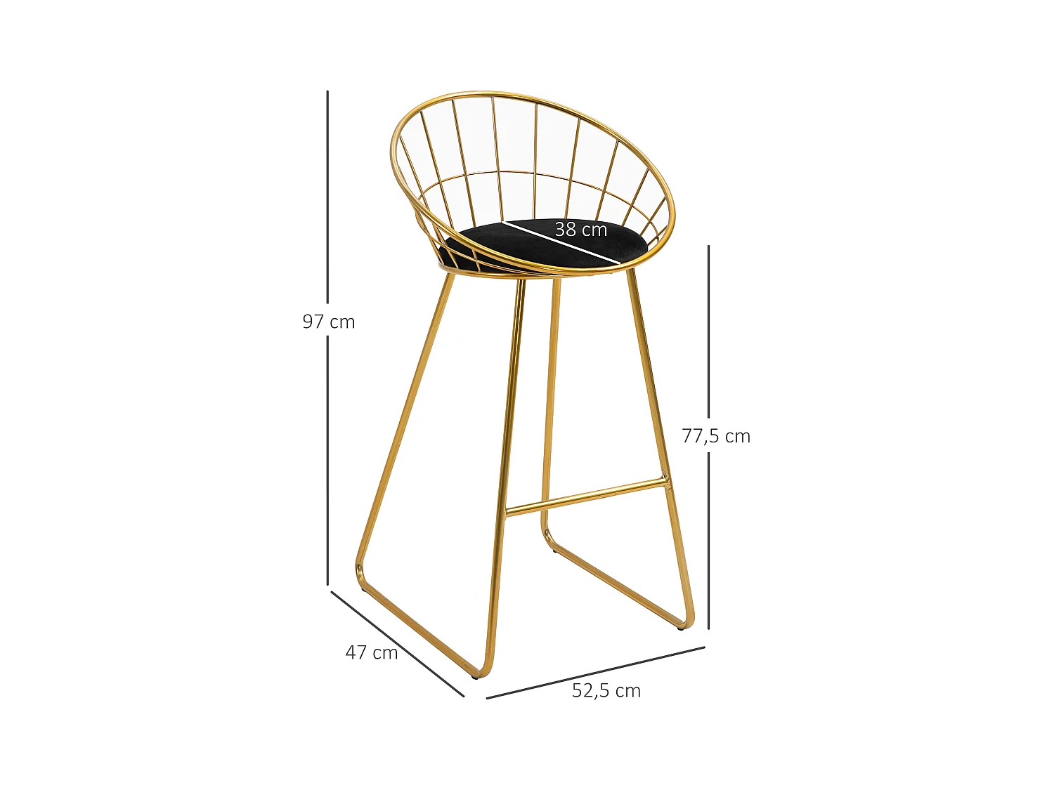 Lot de 2 tabourets de bar design avec repose-pied structure métal et coussin velours 52,5 x 47 x 97 cm noir et doré