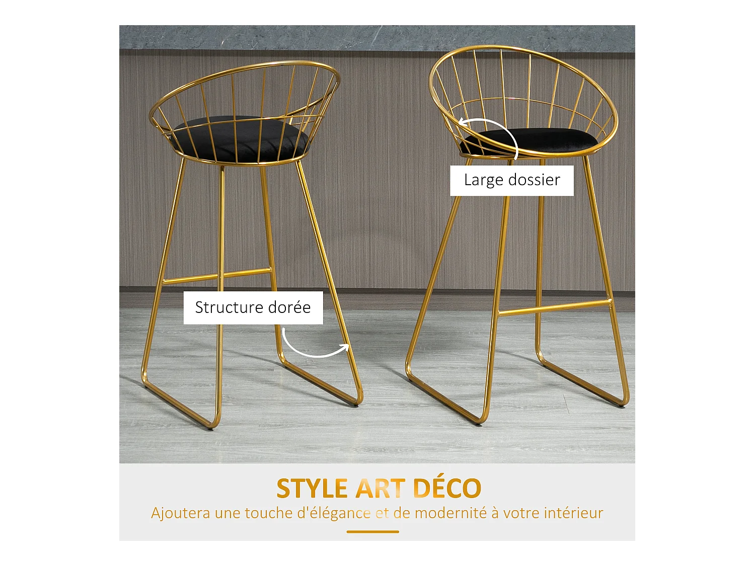 Lot de 2 tabourets de bar design avec repose-pied structure métal et coussin velours 52,5 x 47 x 97 cm noir et doré