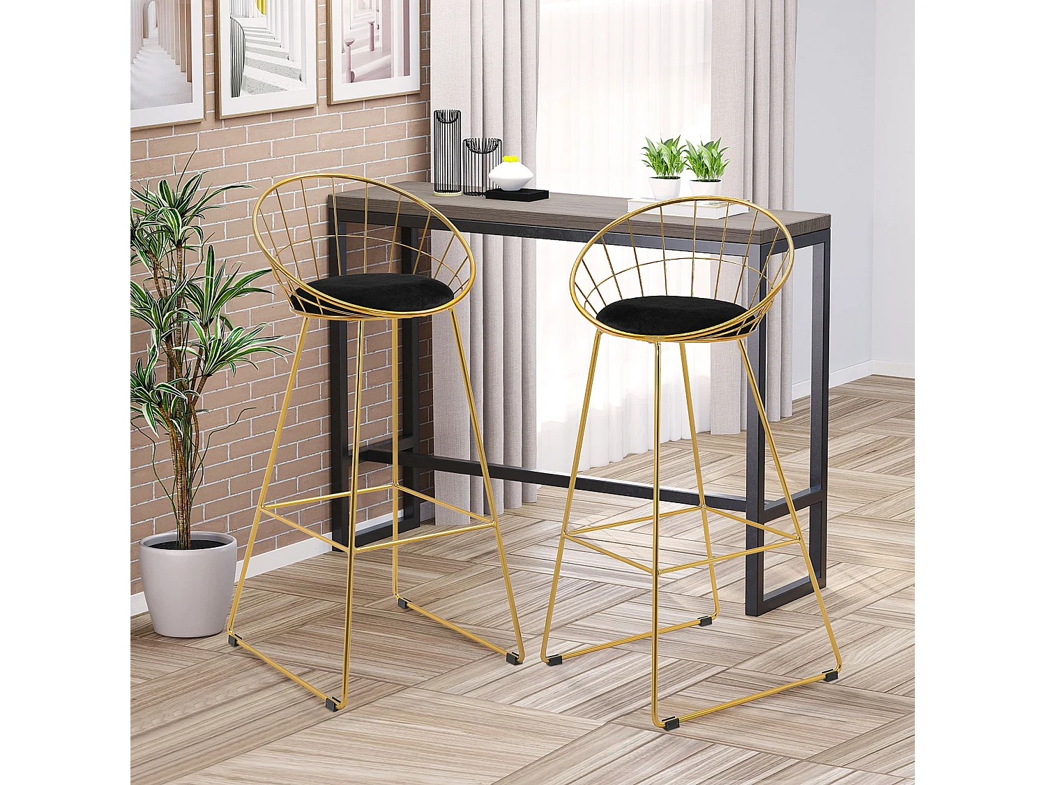 Lot de 2 tabourets de bar design avec repose-pied structure métal et coussin velours 52,5 x 47 x 97 cm noir et doré