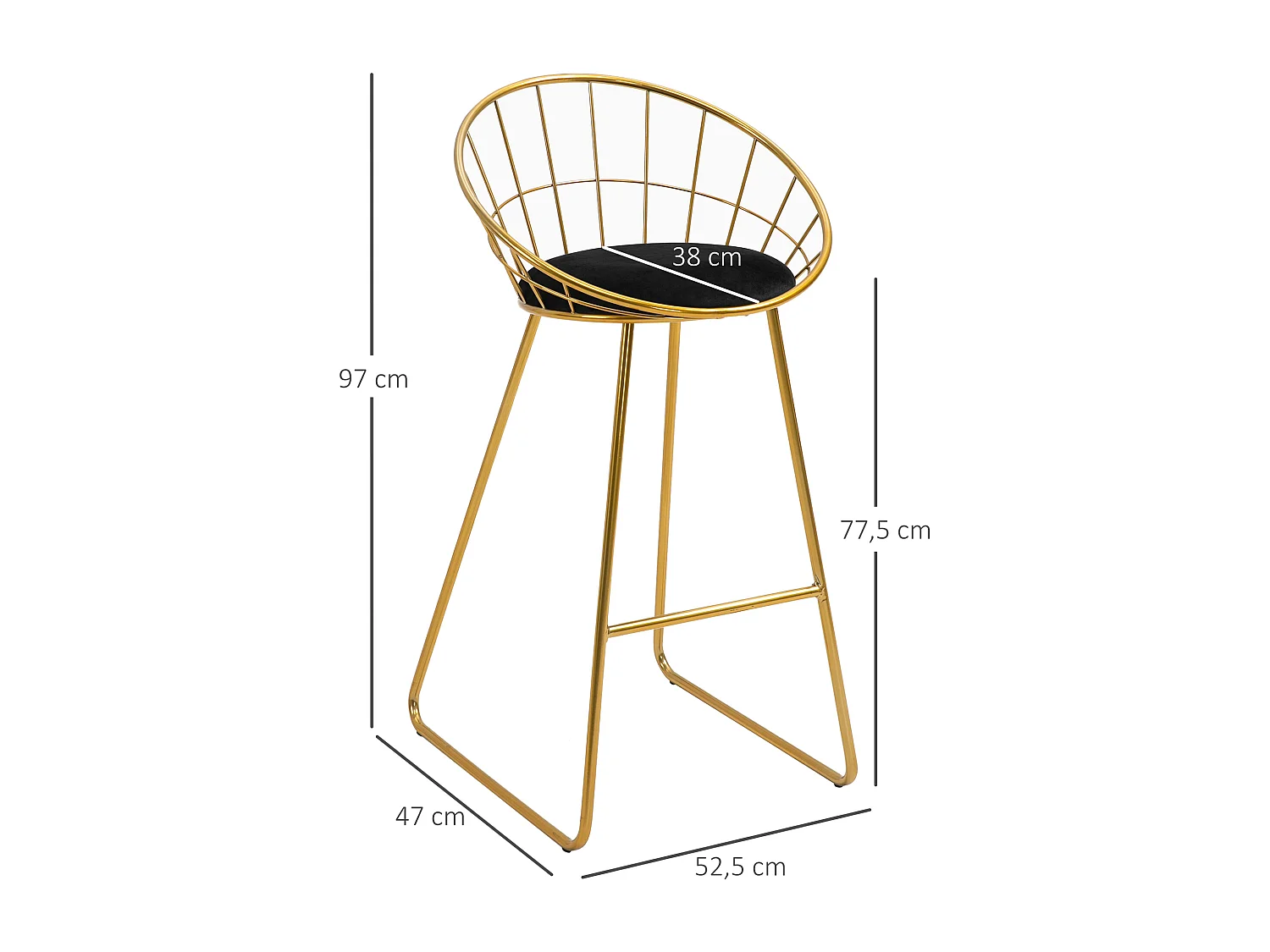 Lot de 2 tabourets de bar design avec repose-pied structure métal et coussin velours 52,5 x 47 x 97 cm noir et doré