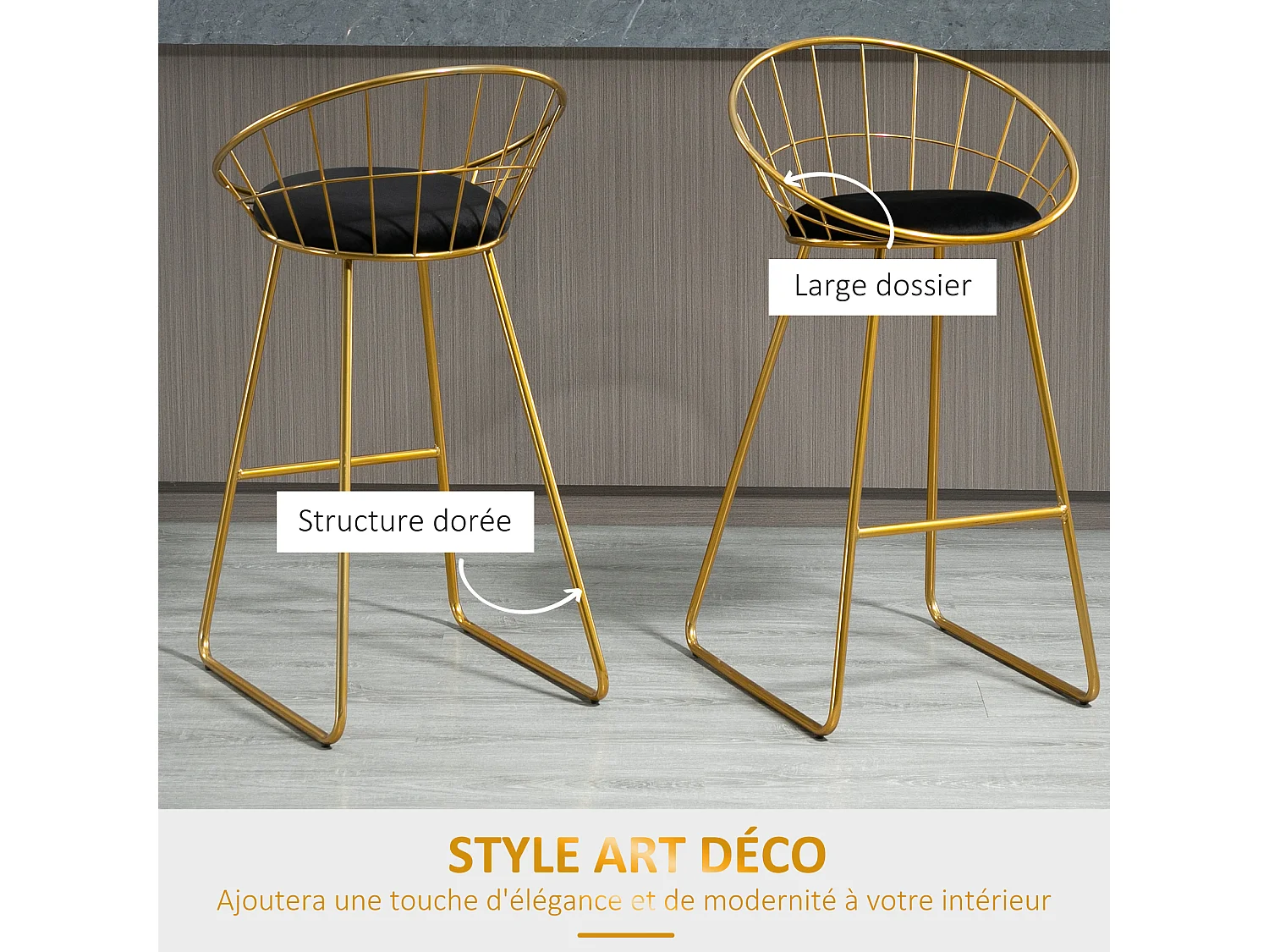 Lot de 2 tabourets de bar design avec repose-pied structure métal et coussin velours 52,5 x 47 x 97 cm noir et doré