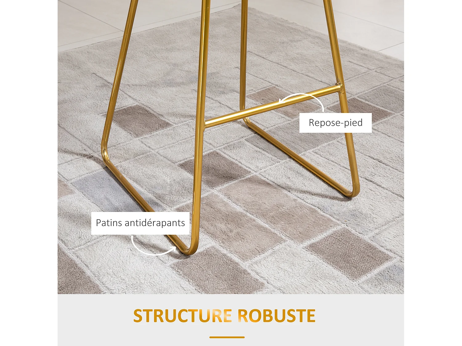 Lot de 2 tabourets de bar design avec repose-pied structure métal et coussin velours 52,5 x 47 x 97 cm noir et doré