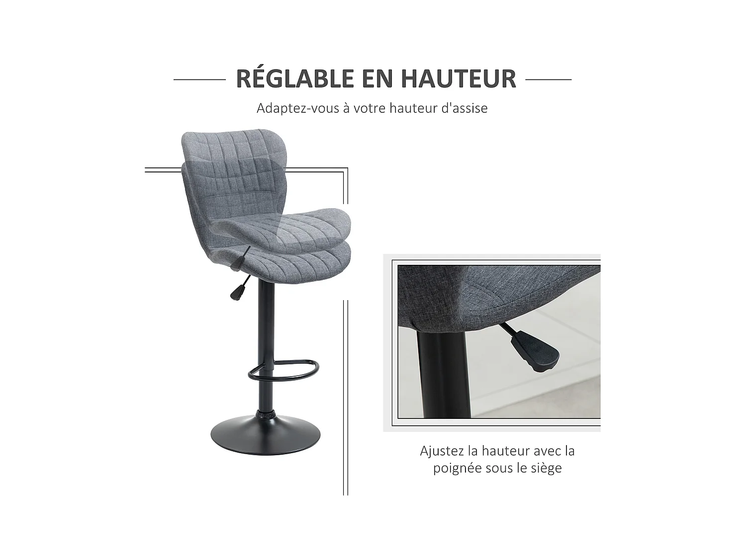 Lot de 2 tabourets de bar design dossier incurvé capitonné hauteur d'assise réglable 61-81 cm pivotant 360° repose-pied velours gris