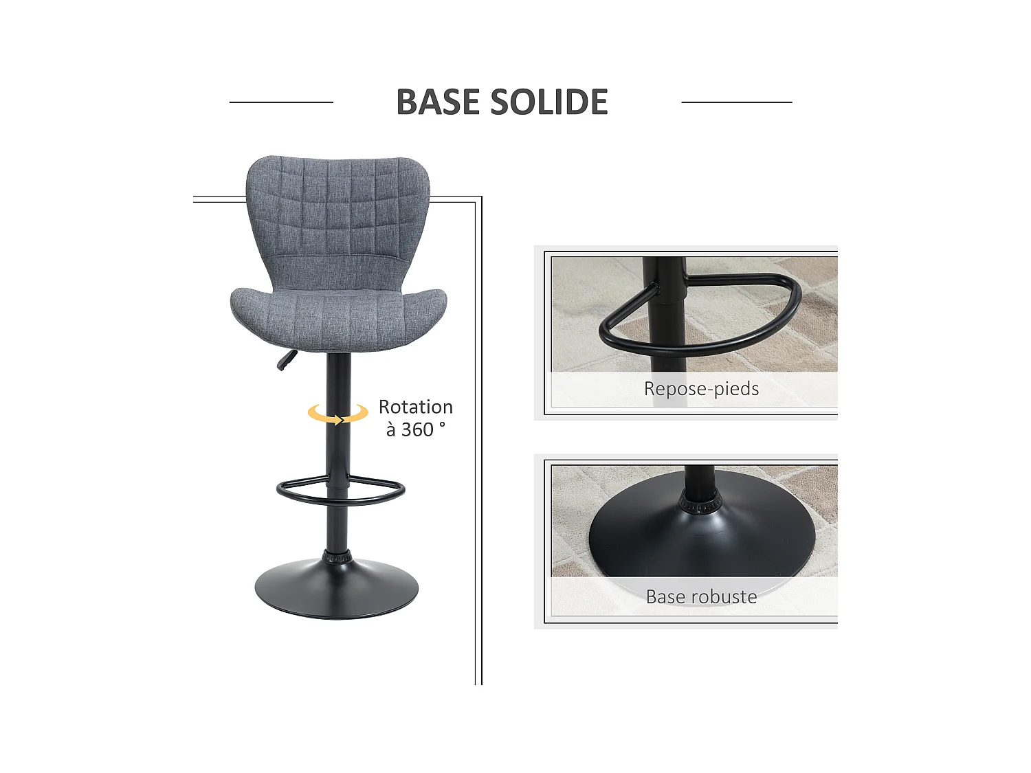 Lot de 2 tabourets de bar design dossier incurvé capitonné hauteur d'assise réglable 61-81 cm pivotant 360° repose-pied velours gris