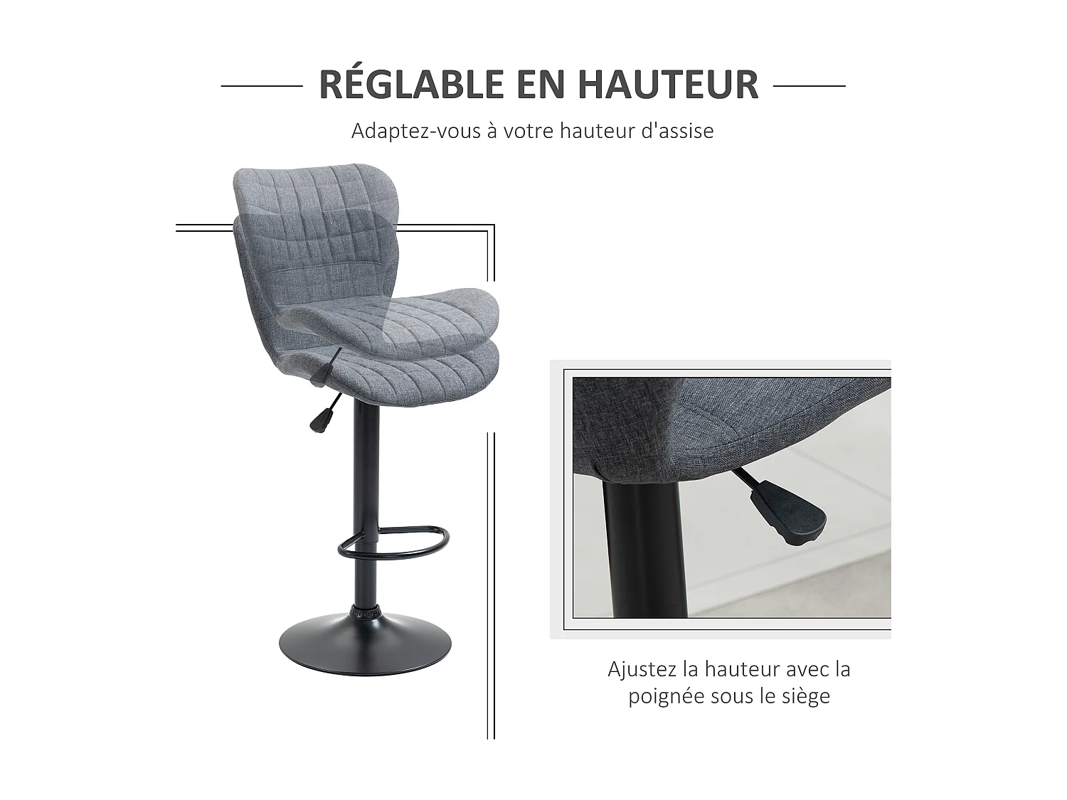Lot de 2 tabourets de bar design dossier incurvé capitonné hauteur d'assise réglable 61-81 cm pivotant 360° repose-pied velours gris