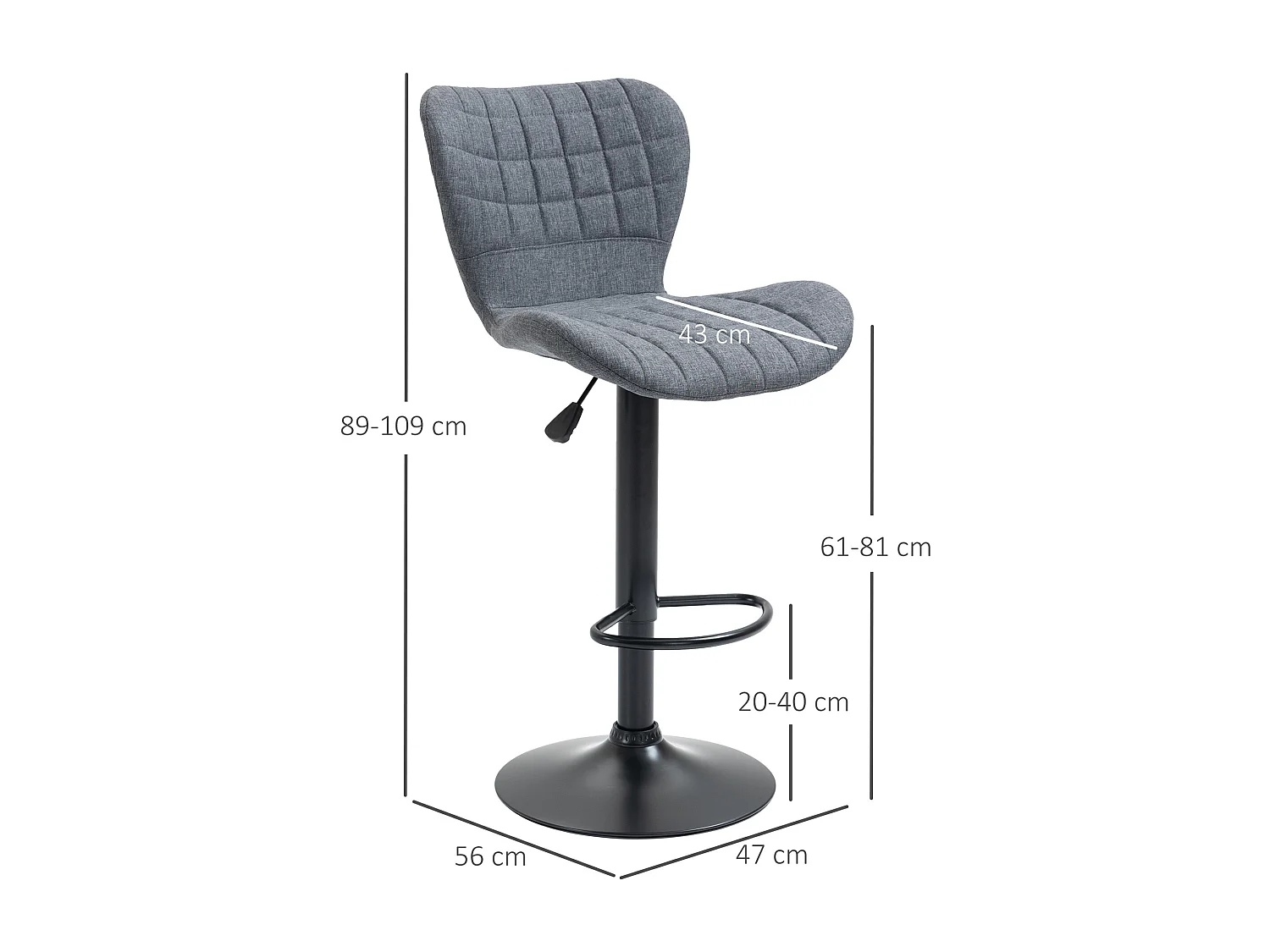 Lot de 2 tabourets de bar design dossier incurvé capitonné hauteur d'assise réglable 61-81 cm pivotant 360° repose-pied velours gris