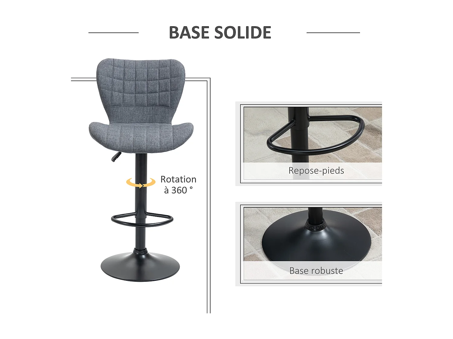 Lot de 2 tabourets de bar design dossier incurvé capitonné hauteur d'assise réglable 61-81 cm pivotant 360° repose-pied velours gris