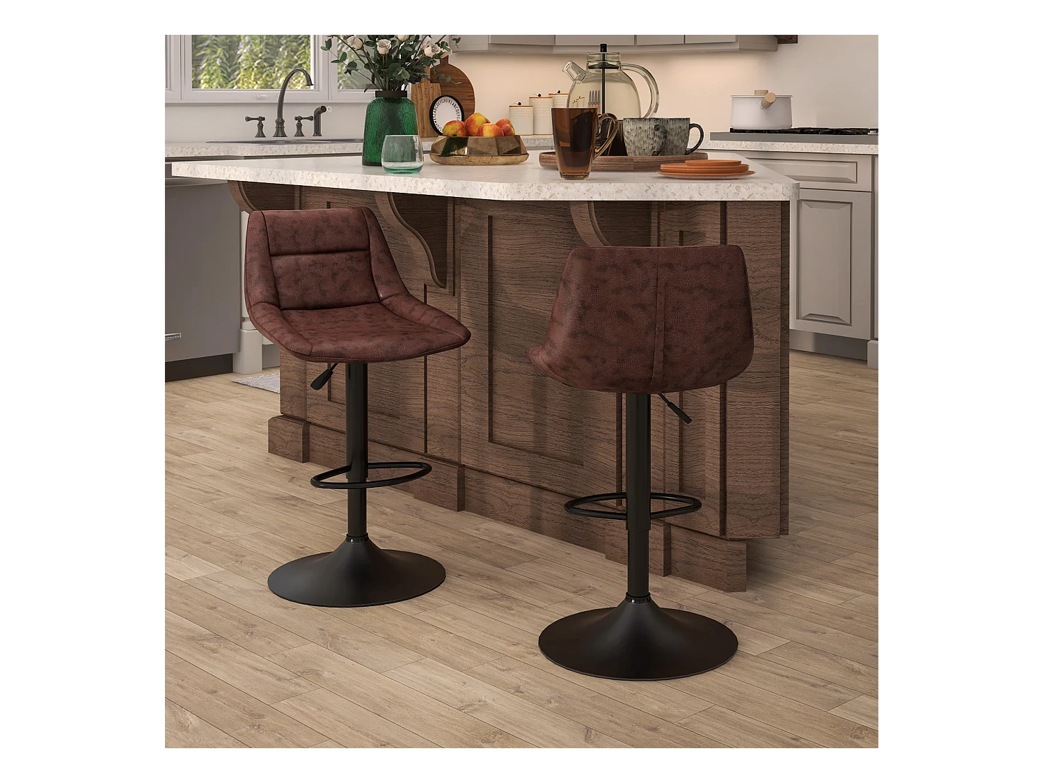 Lot de 2 tabourets de bar Vintage réglable pivotant avec repose-pied revêtement synthétique marron effet vieilli