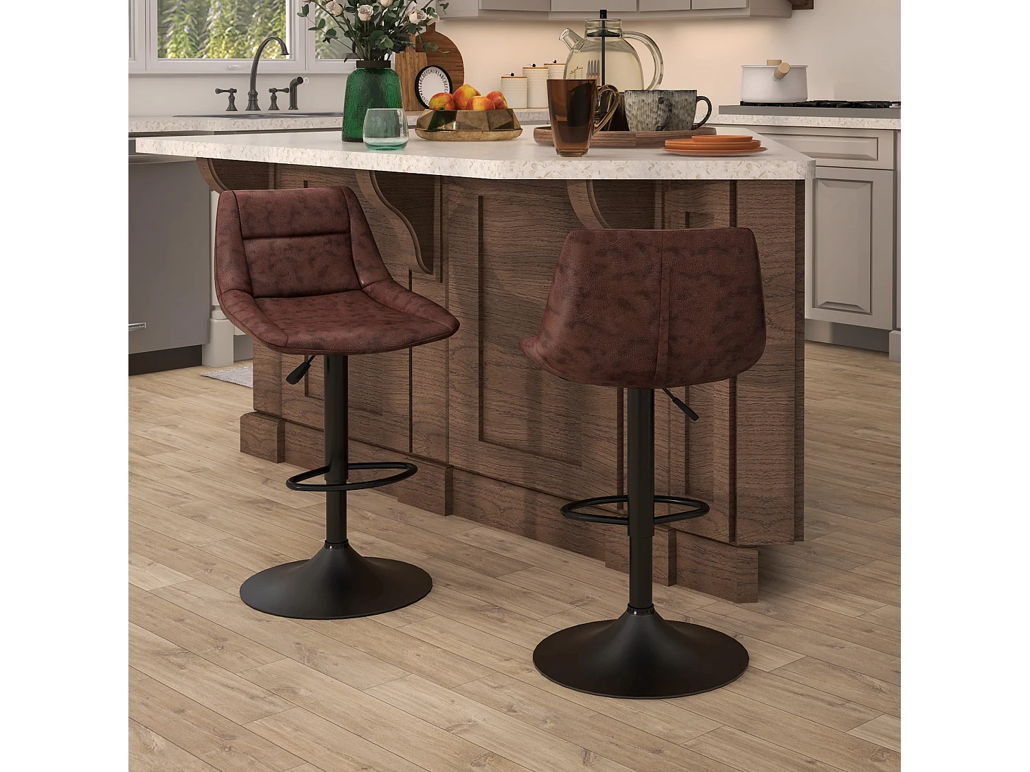 Lot de 2 tabourets de bar Vintage réglable pivotant avec repose-pied revêtement synthétique marron effet vieilli