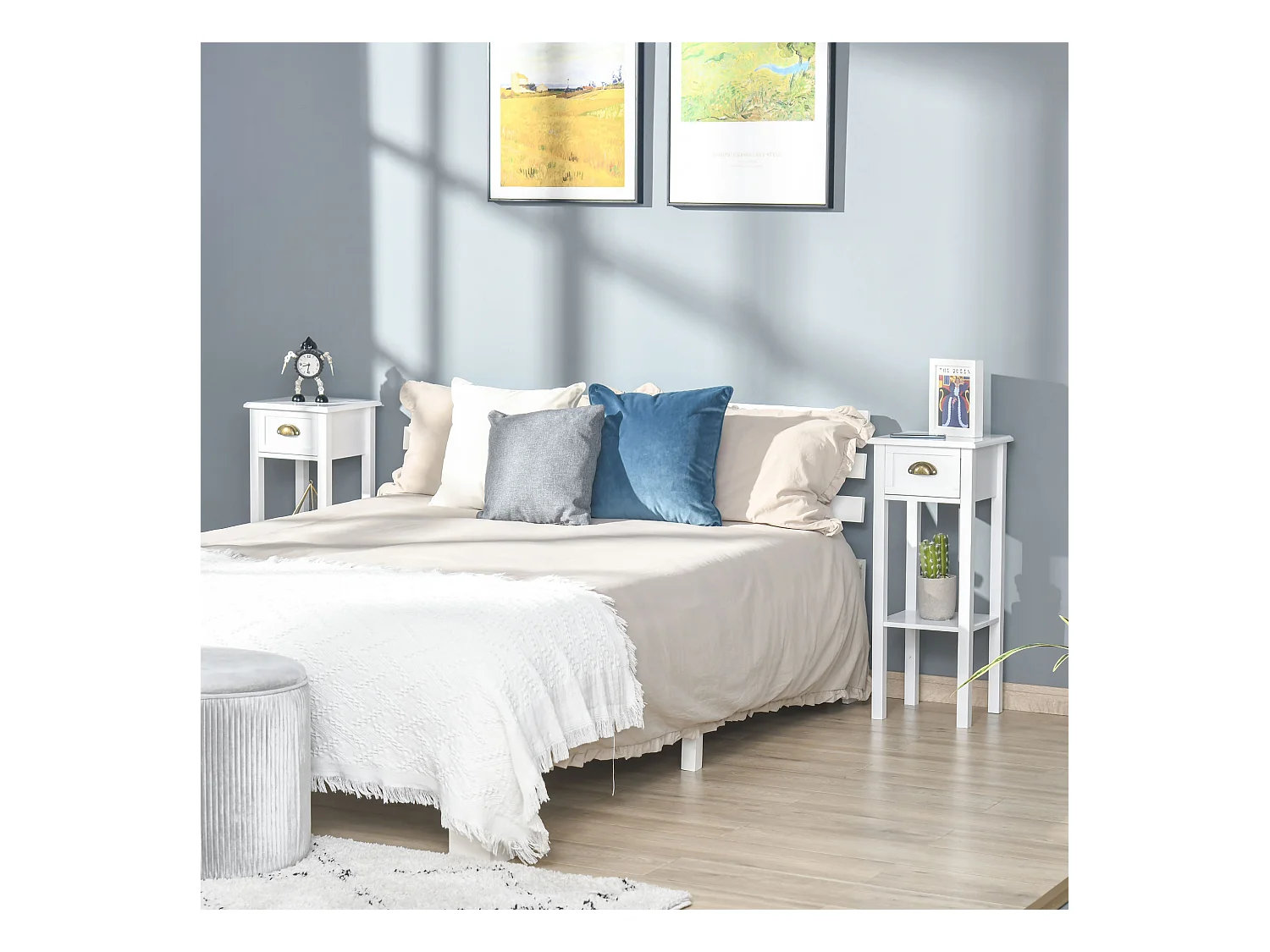 Lot de 2 tables d'appoint bout de canapé guéridon - tiroir, étagère - dim. 30L x 30l x 75H cm - poignées coquilles laiton vieilli MDF blanc