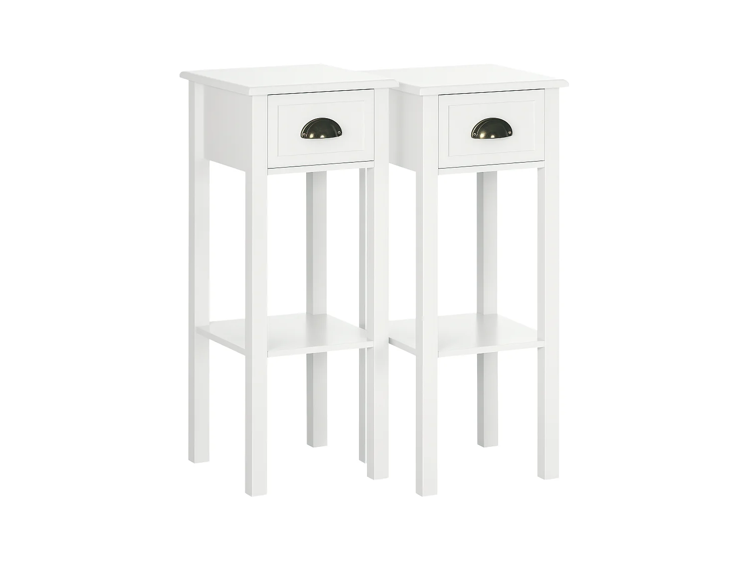 Lot de 2 tables d'appoint bout de canapé guéridon - tiroir, étagère - dim. 30L x 30l x 75H cm - poignées coquilles laiton vieilli MDF blanc