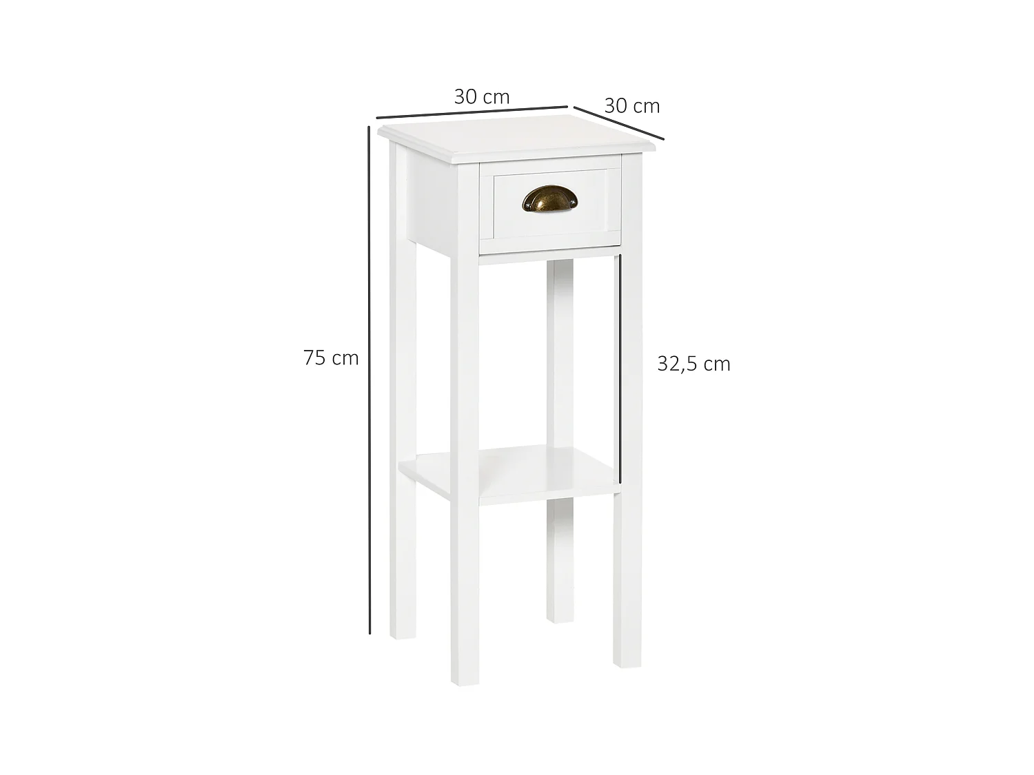 Lot de 2 tables d'appoint bout de canapé guéridon - tiroir, étagère - dim. 30L x 30l x 75H cm - poignées coquilles laiton vieilli MDF blanc