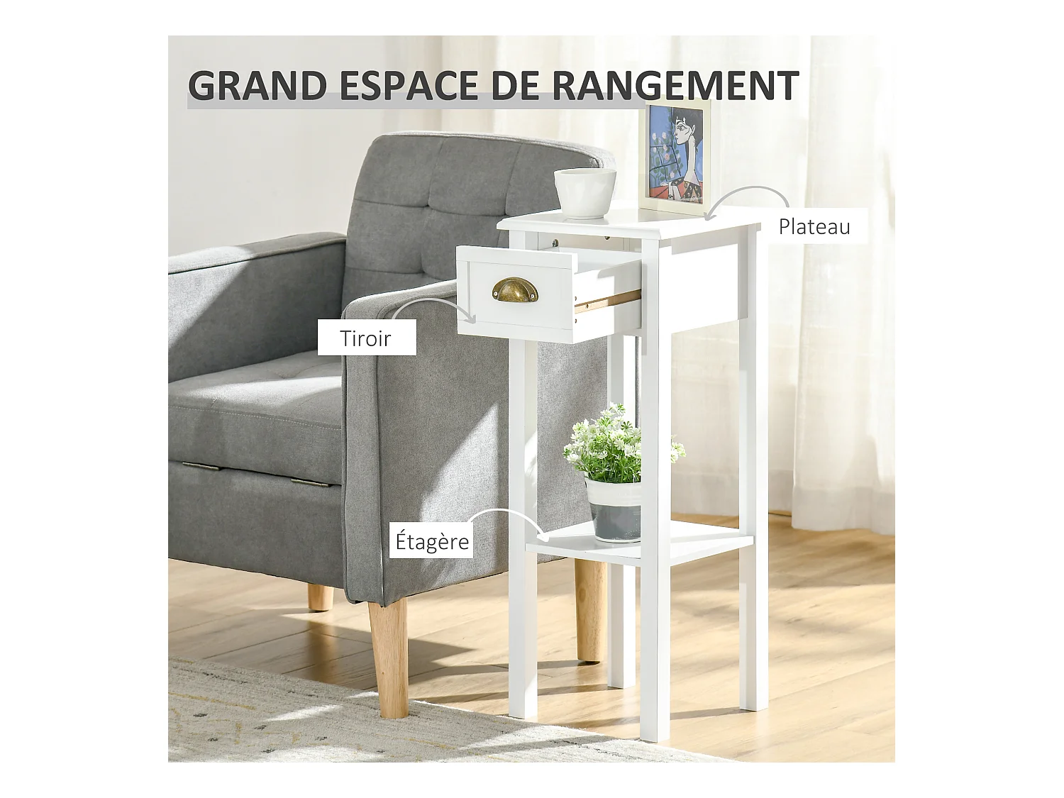 Lot de 2 tables d'appoint bout de canapé guéridon - tiroir, étagère - dim. 30L x 30l x 75H cm - poignées coquilles laiton vieilli MDF blanc