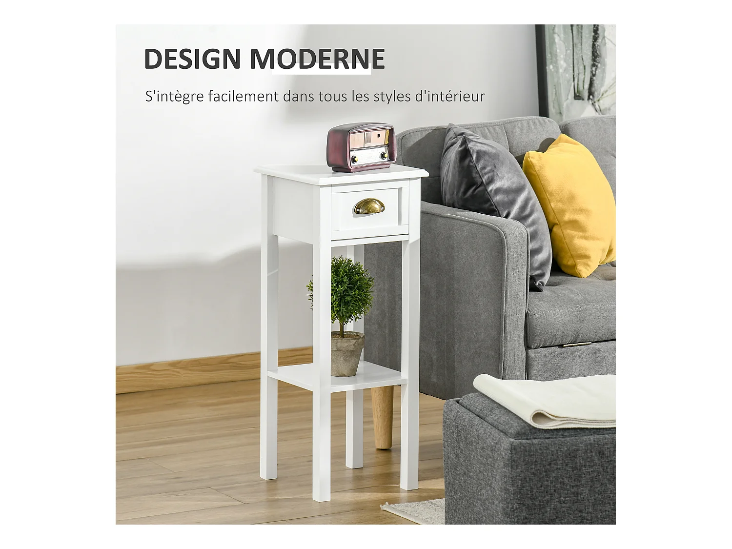 Lot de 2 tables d'appoint bout de canapé guéridon - tiroir, étagère - dim. 30L x 30l x 75H cm - poignées coquilles laiton vieilli MDF blanc