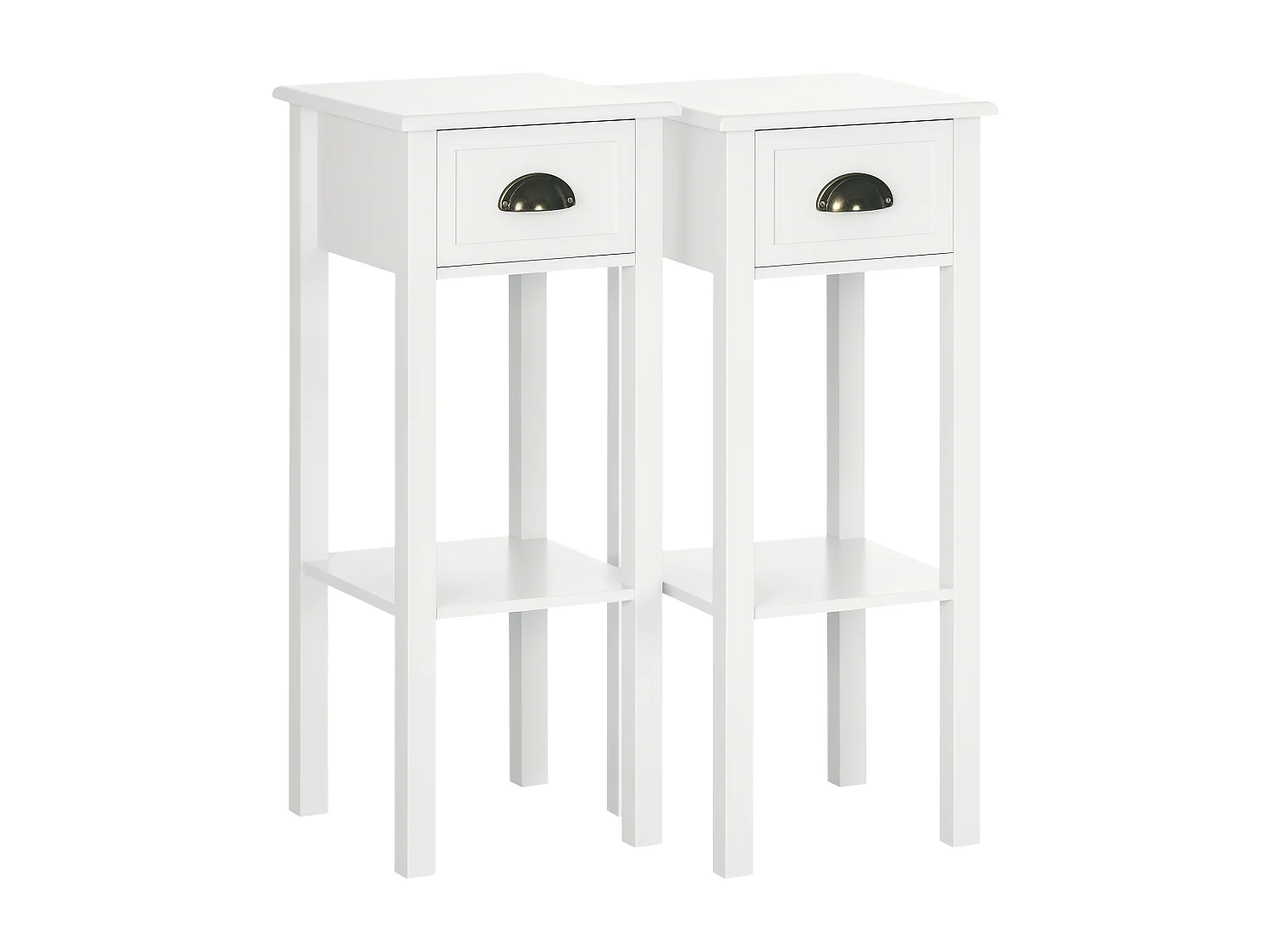 Lot de 2 tables d'appoint bout de canapé guéridon - tiroir, étagère - dim. 30L x 30l x 75H cm - poignées coquilles laiton vieilli MDF blanc