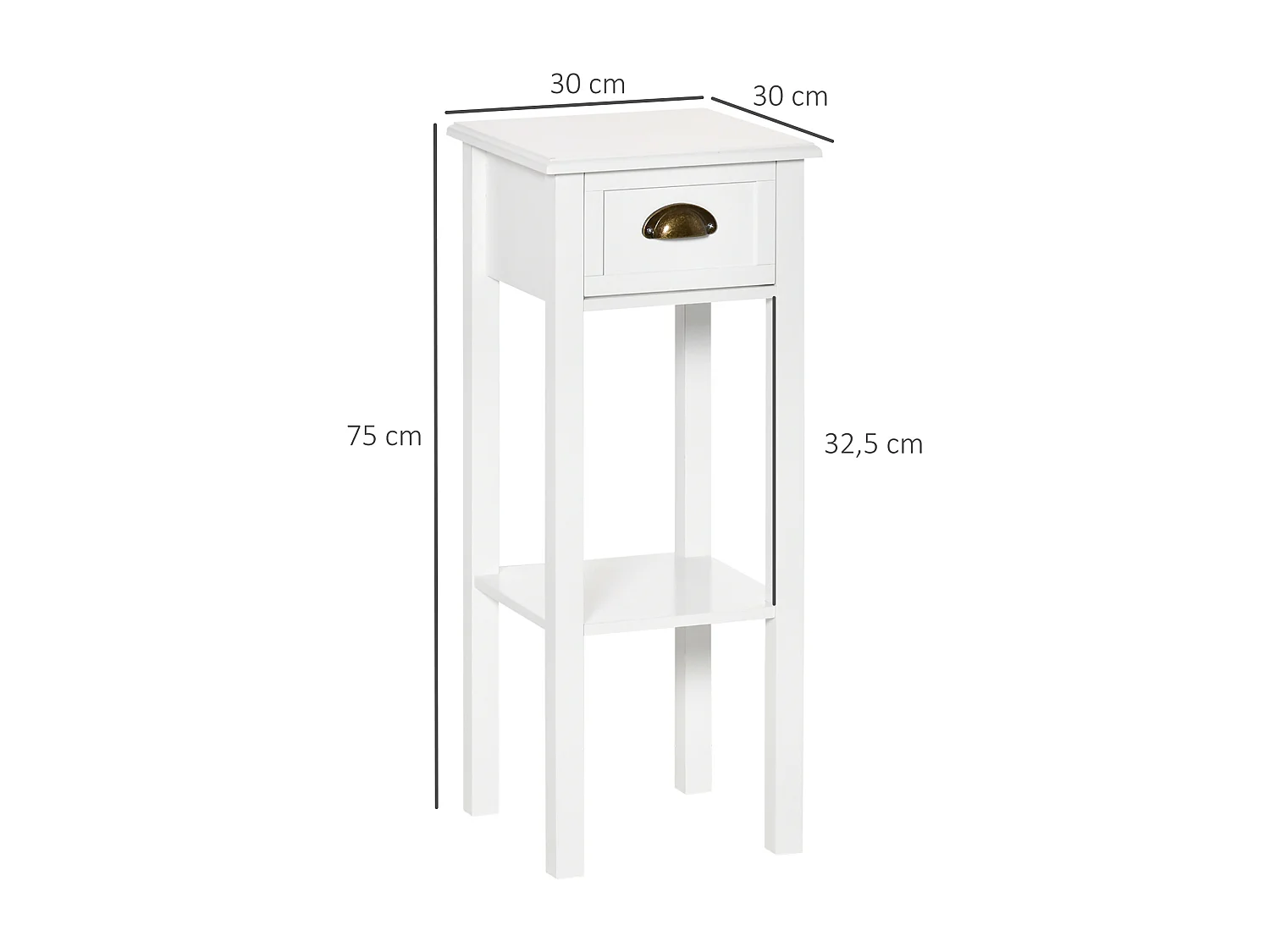Lot de 2 tables d'appoint bout de canapé guéridon - tiroir, étagère - dim. 30L x 30l x 75H cm - poignées coquilles laiton vieilli MDF blanc
