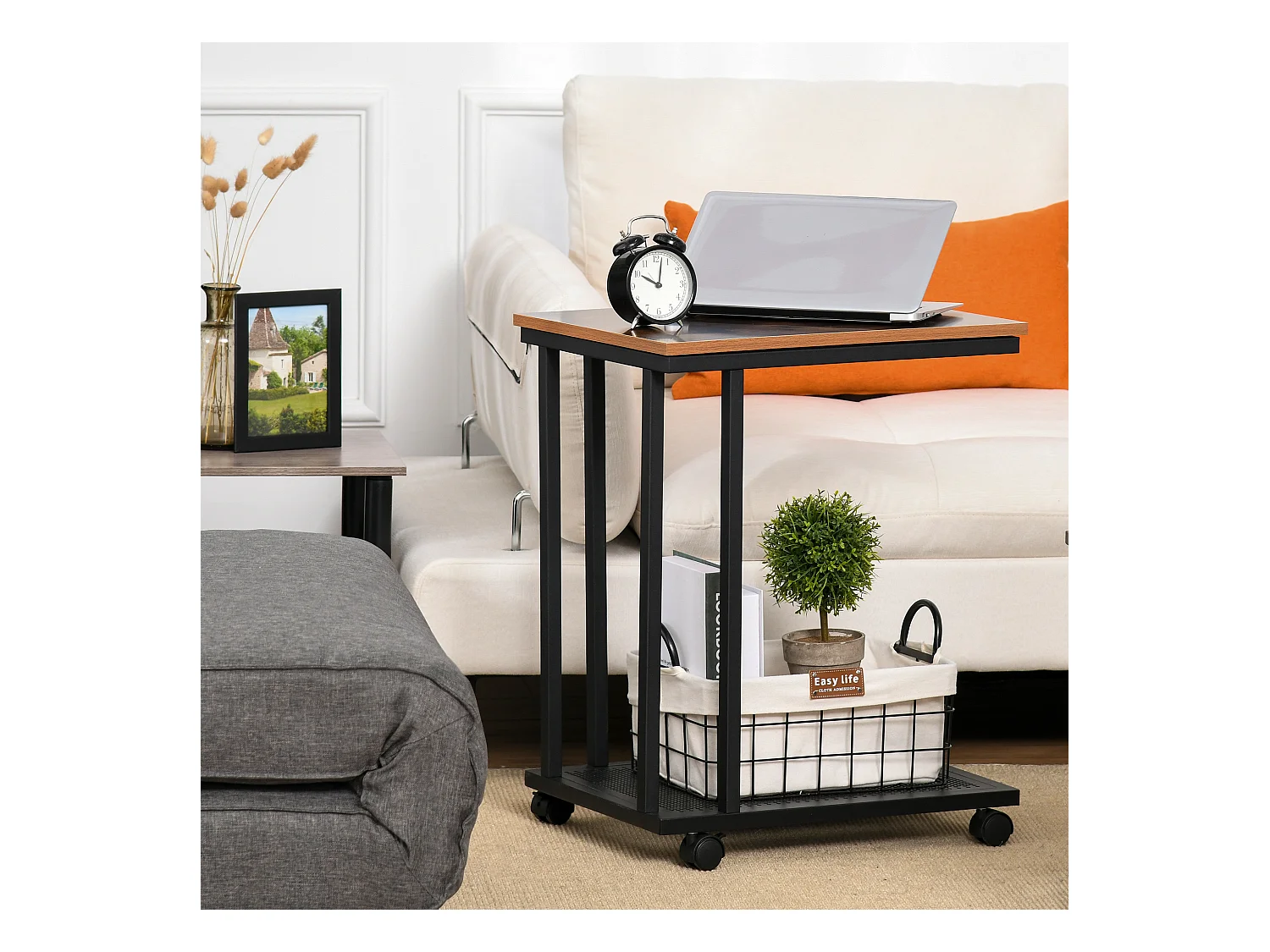 Table basse table d'appoint Vintage style industriel étagère acier noir MDF coloris boisé