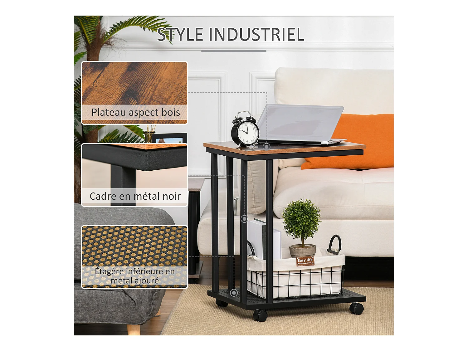 Table basse table d'appoint Vintage style industriel étagère acier noir MDF coloris boisé