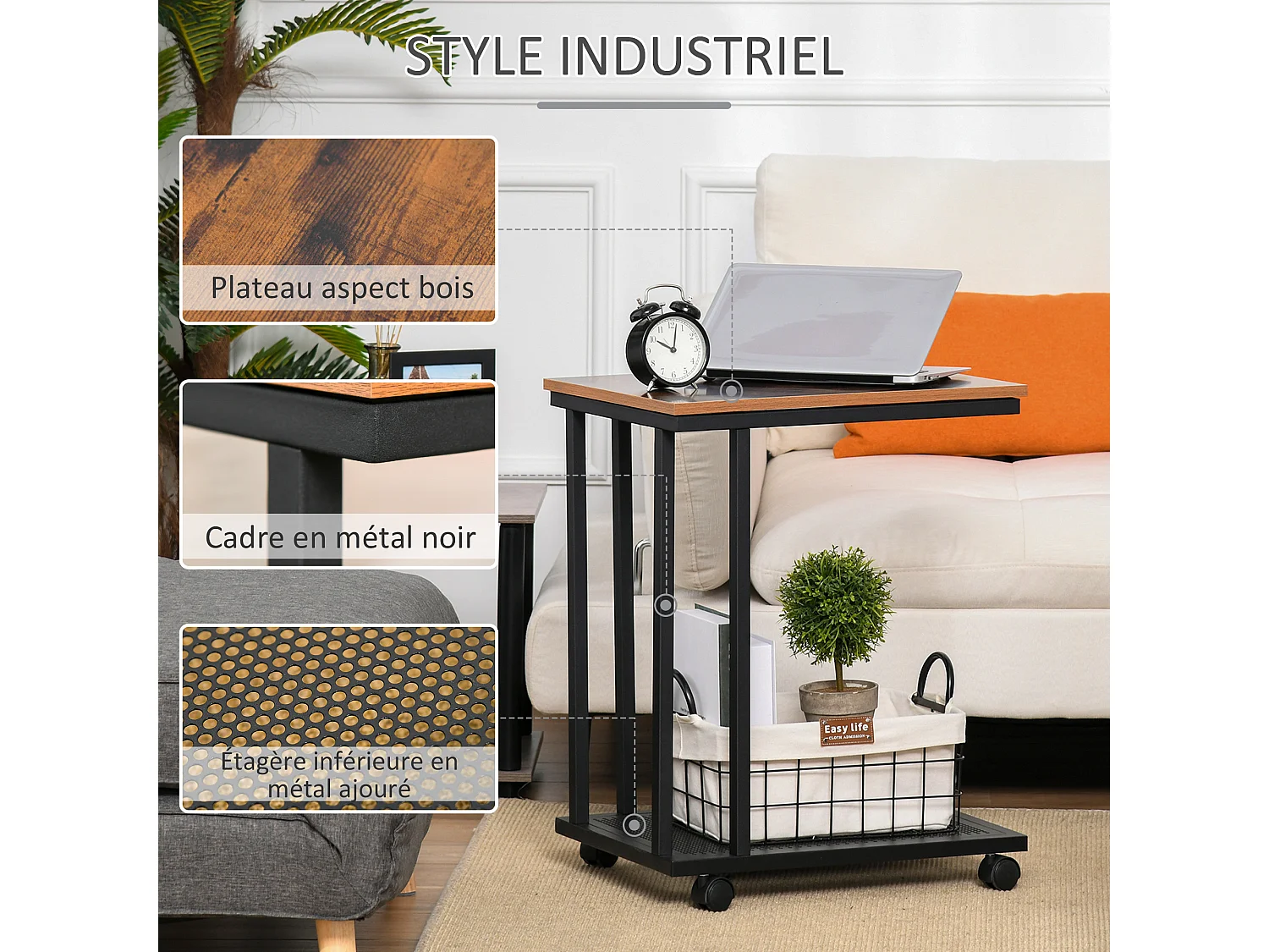 Table basse table d'appoint Vintage style industriel étagère acier noir MDF coloris boisé
