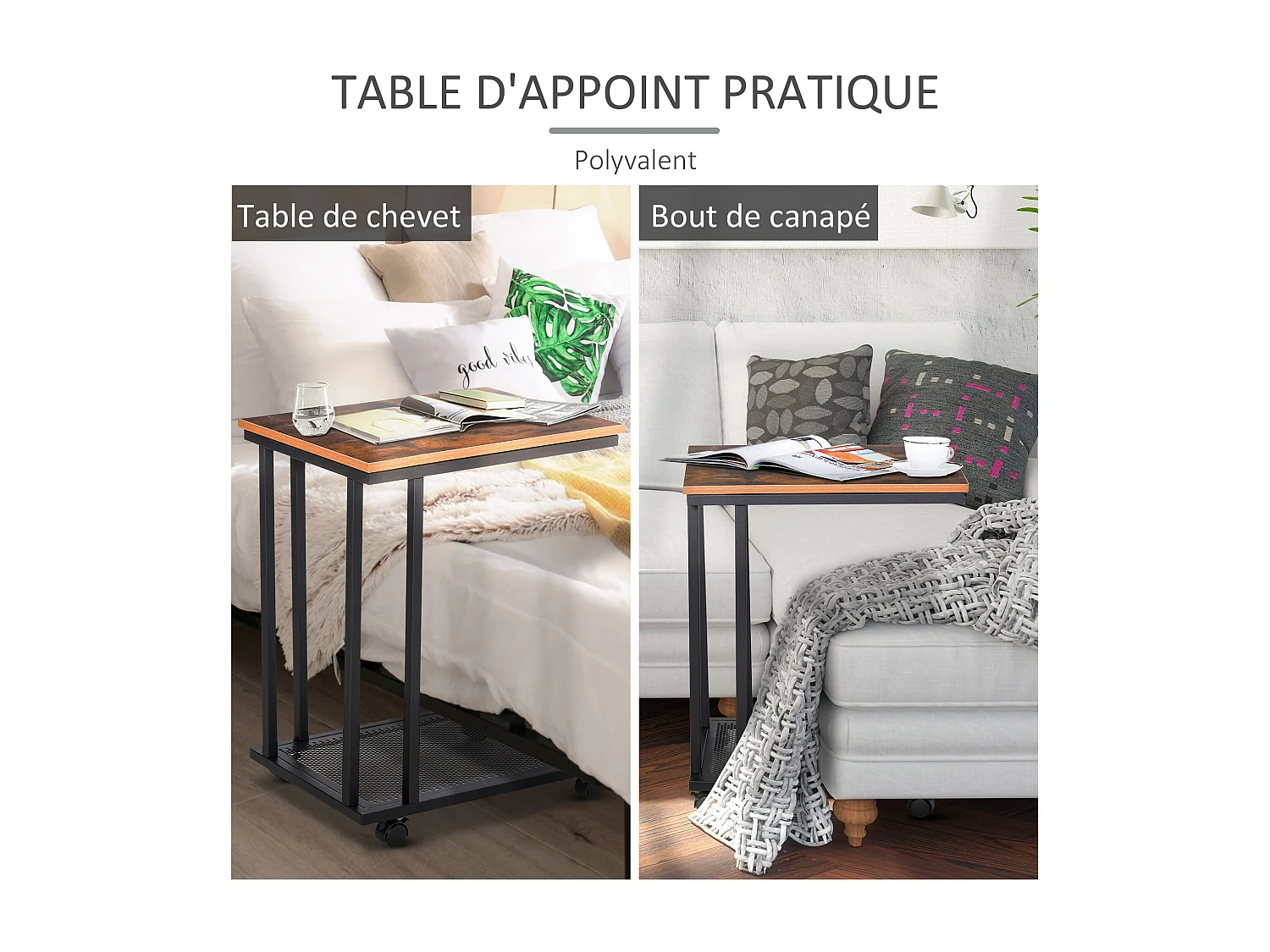 Table basse table d'appoint Vintage style industriel étagère acier noir MDF coloris boisé