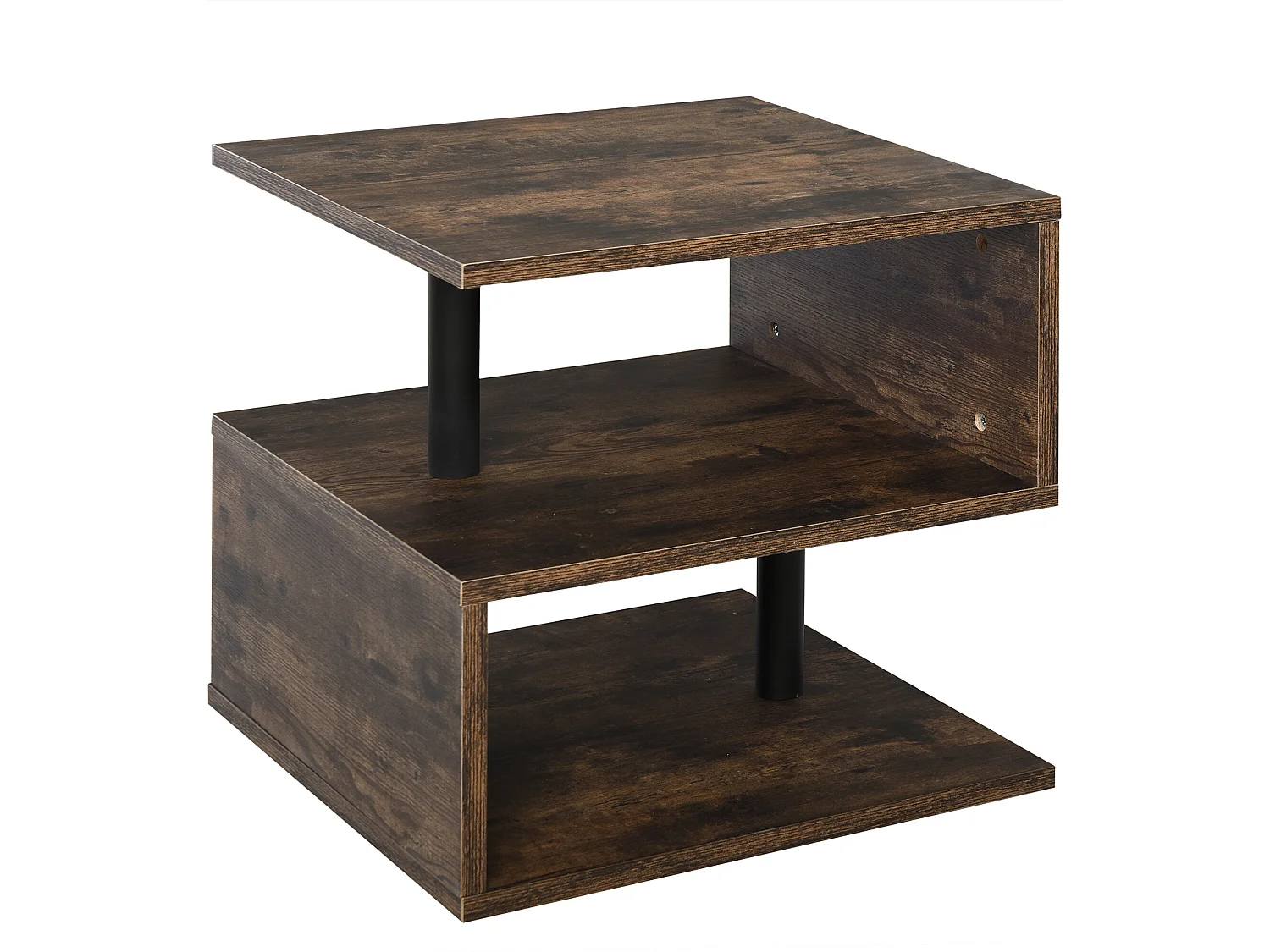 Table basse contemporaine design géométrique en S métal noir MDF boisé veinage bois