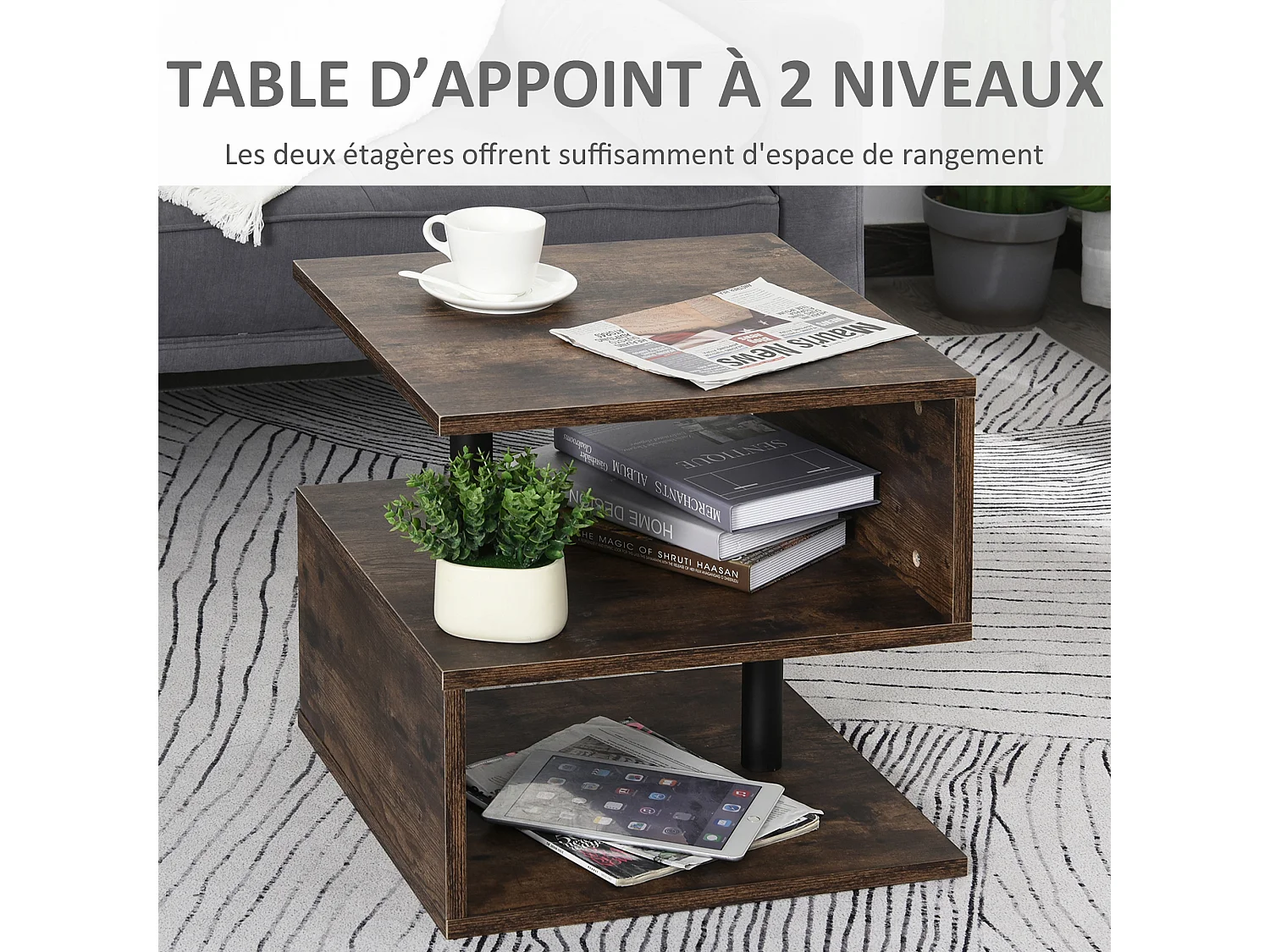 Table basse contemporaine design géométrique en S métal noir MDF boisé veinage bois