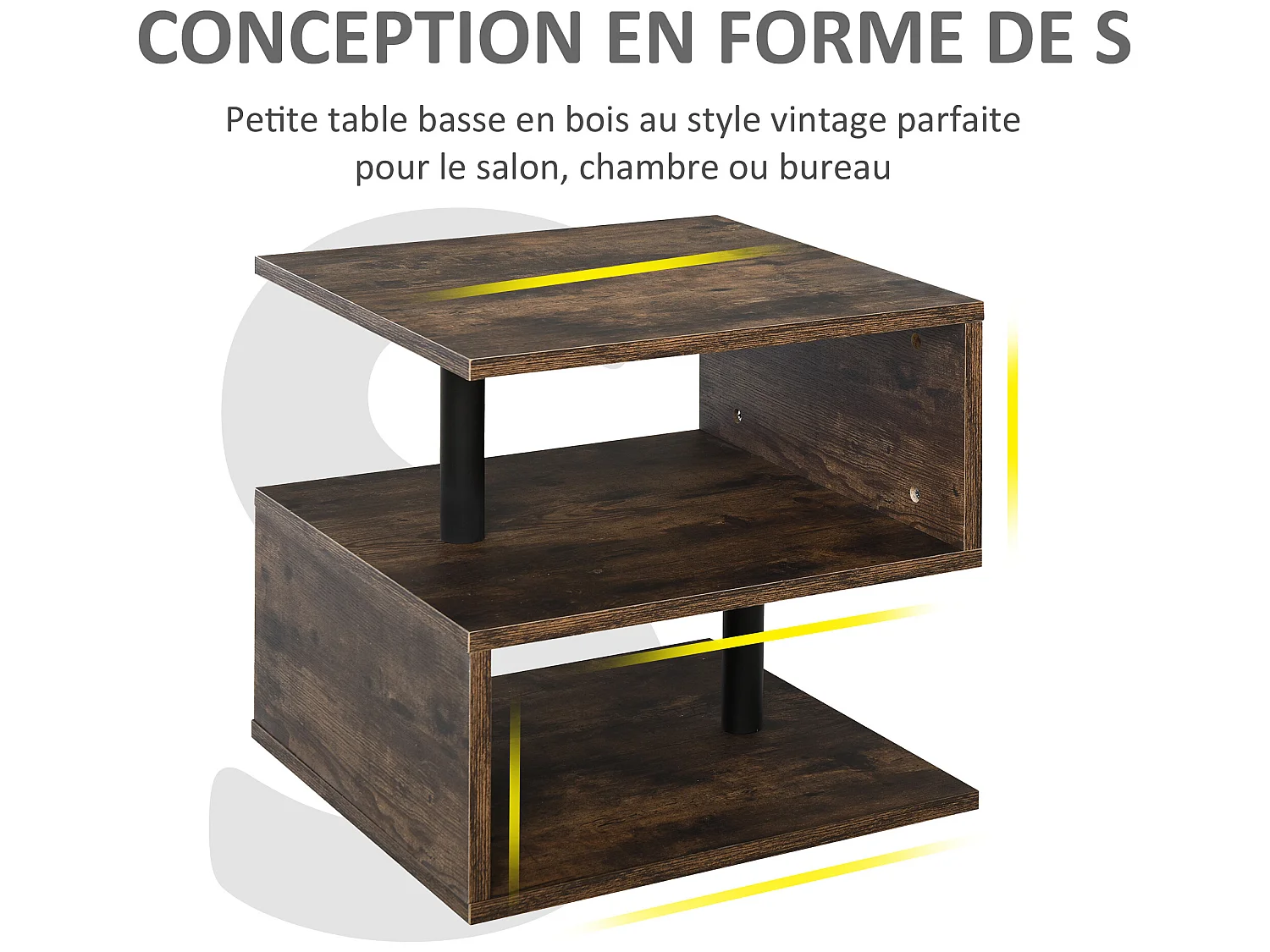 Table basse contemporaine design géométrique en S métal noir MDF boisé veinage bois