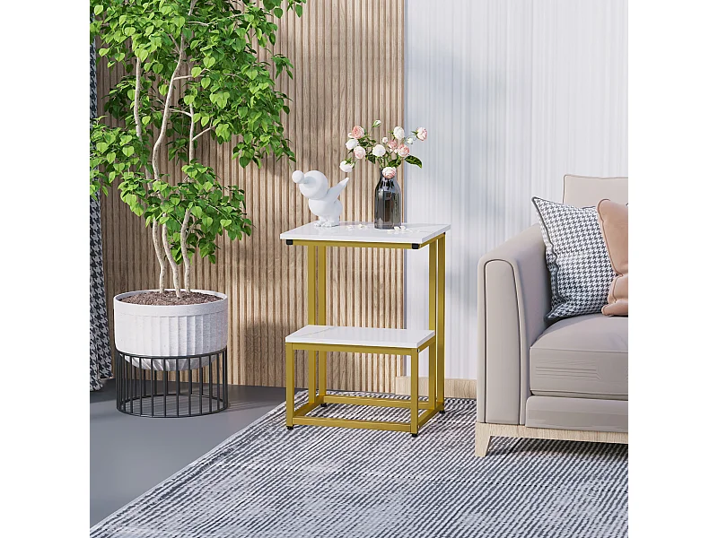 Table basse moderne salon table d'appoint chambre guéridon bout de canapé design structure acier doré plateau étagère aspect marbre blanc