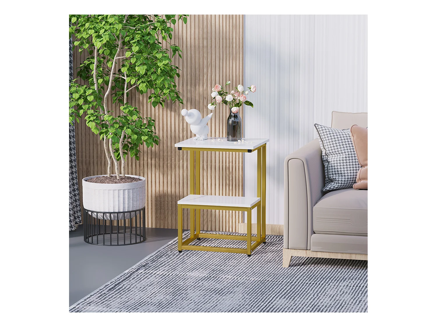 Table basse moderne salon table d'appoint chambre guéridon bout de canapé design structure acier doré plateau étagère aspect marbre blanc