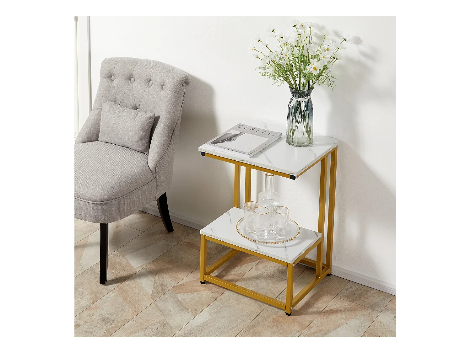 Table basse moderne salon table d'appoint chambre guéridon bout de canapé design structure acier doré plateau étagère aspect marbre blanc