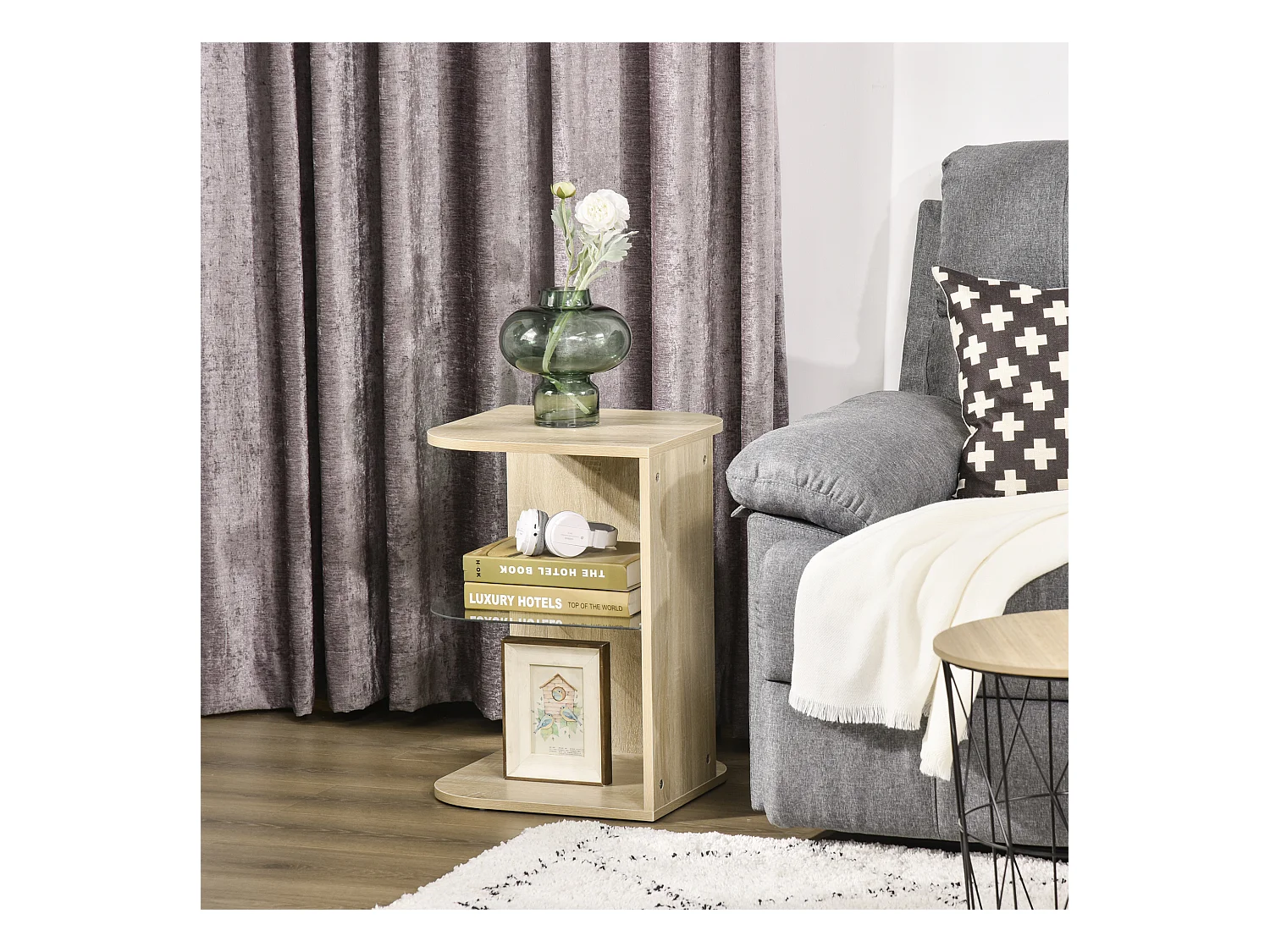 Guéridon design contemporain étagère verre trempé aspect chêne clair