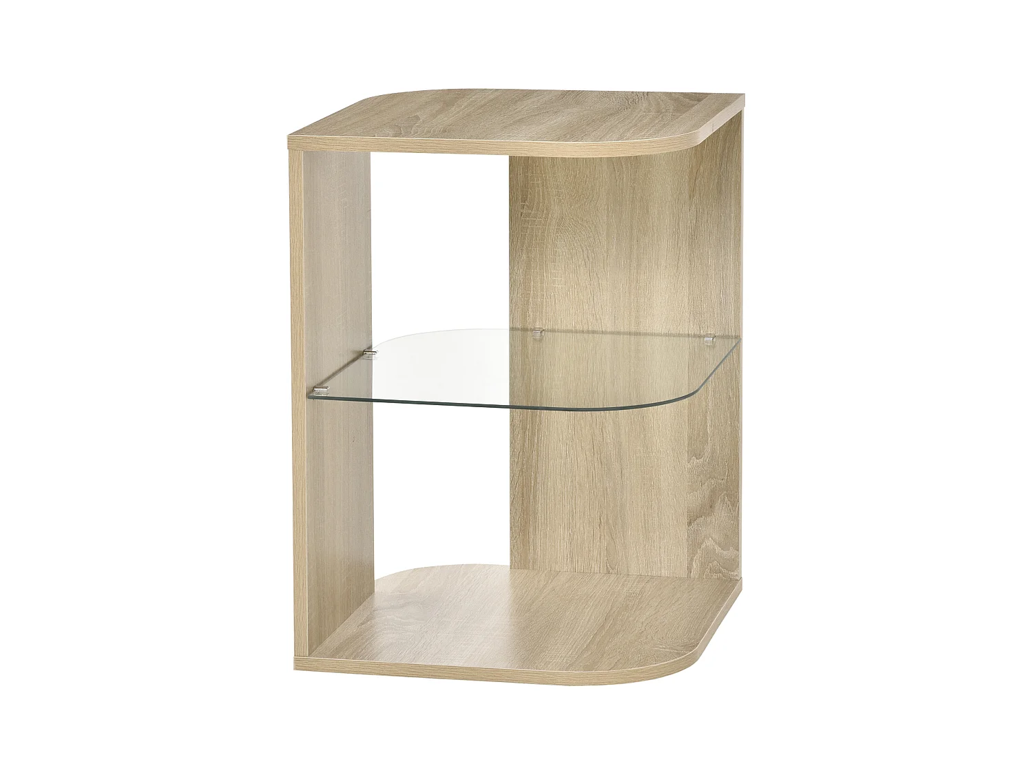 Guéridon design contemporain étagère verre trempé aspect chêne clair