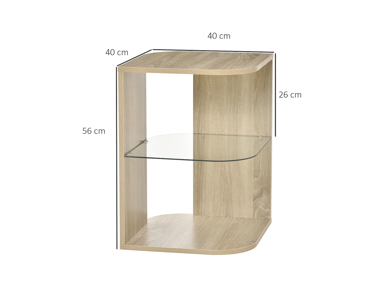 Guéridon design contemporain étagère verre trempé aspect chêne clair