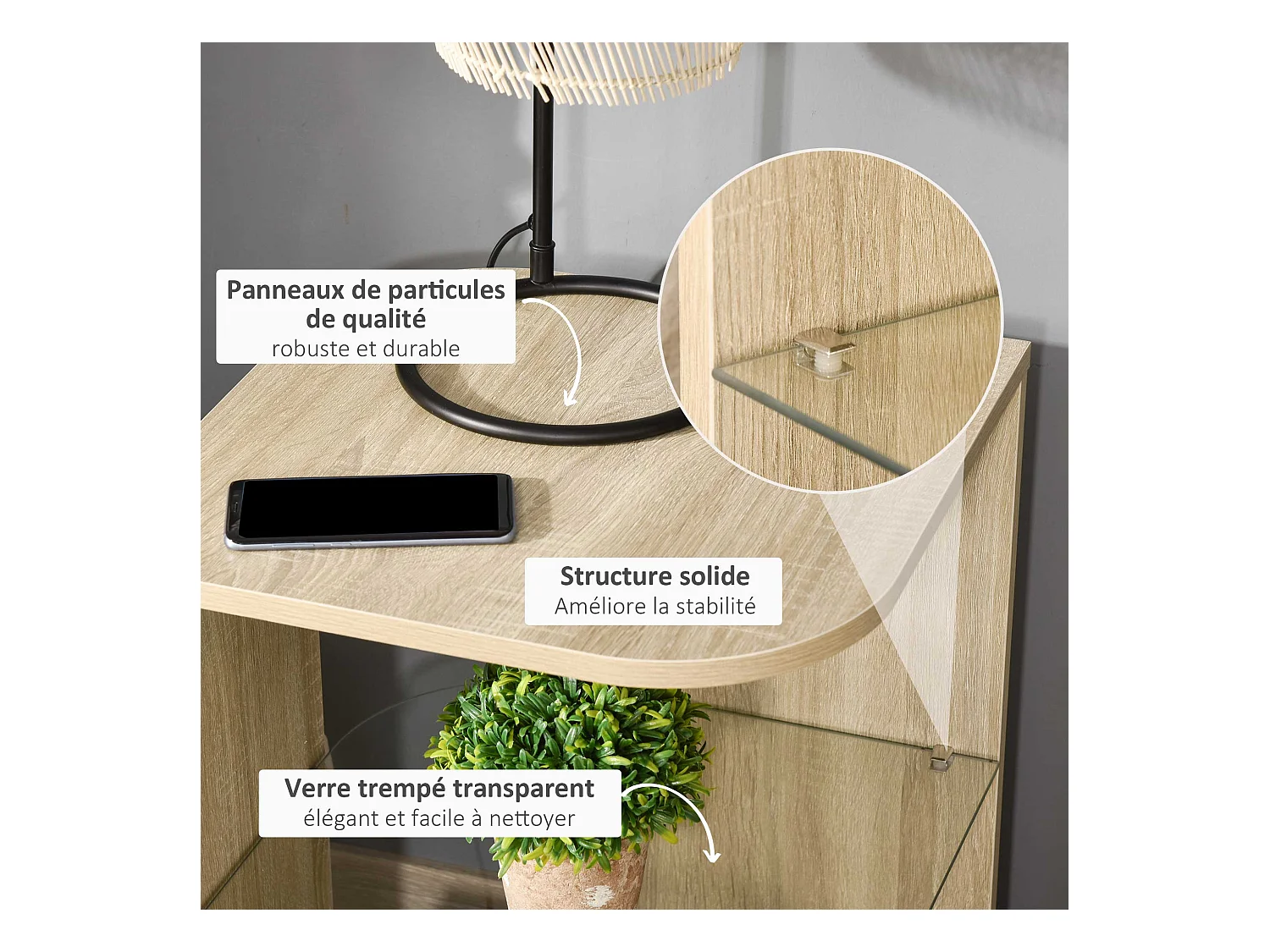 Guéridon design contemporain étagère verre trempé aspect chêne clair