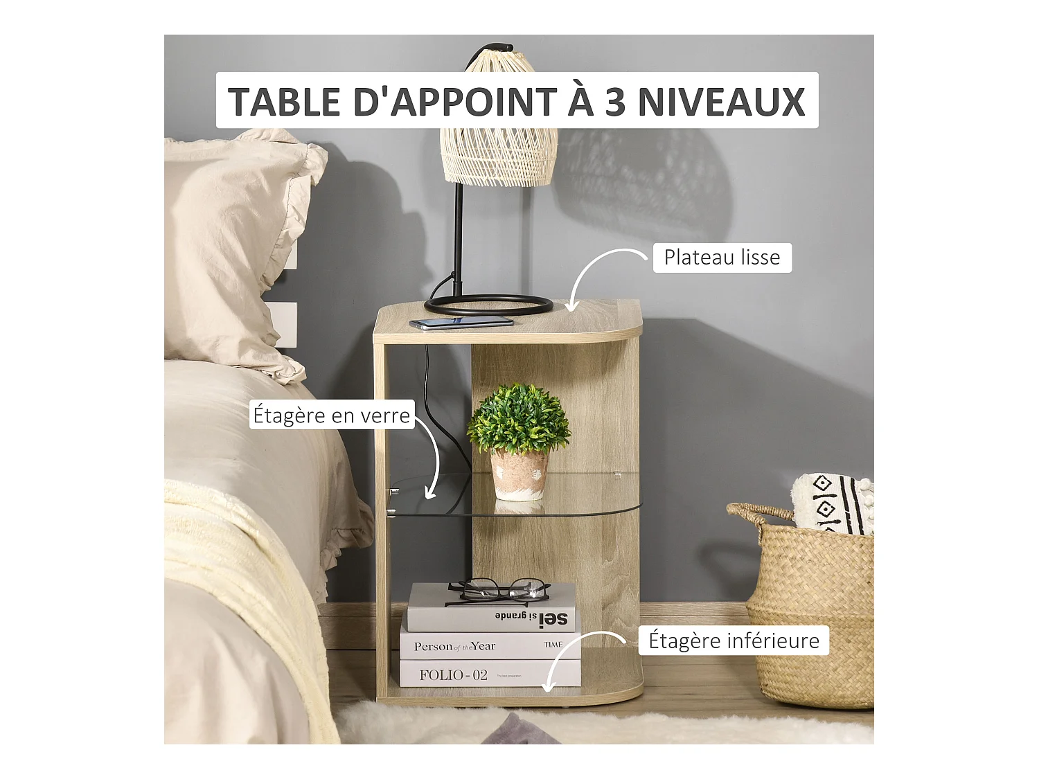 Guéridon design contemporain étagère verre trempé aspect chêne clair