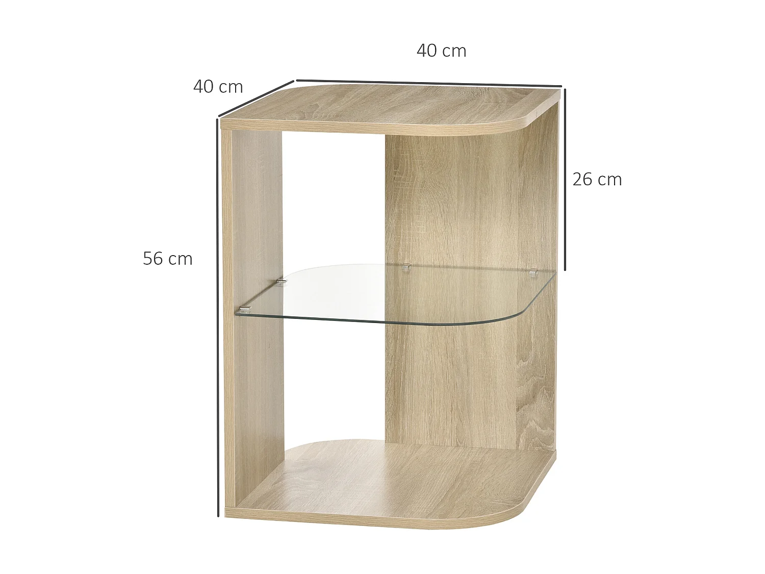 Guéridon design contemporain étagère verre trempé aspect chêne clair